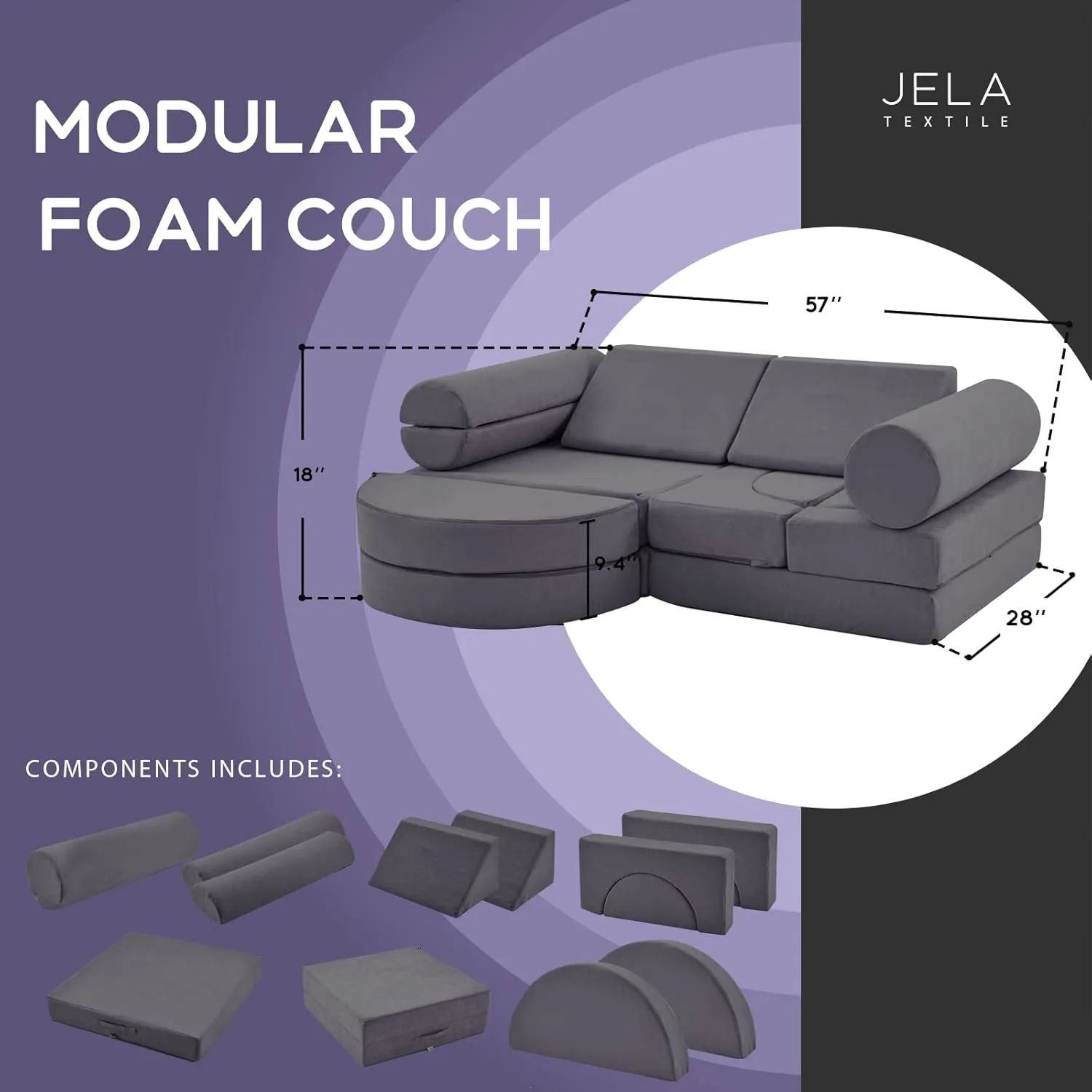 jela Kids Couch 14PCS Luxury, Floor Sofa Modular Furniture for Adults, Playhouse Play Set for Toddlers Babies, Modular Foam Play Couch, Modular Sofa (Charcoal, 57"x28"x18")