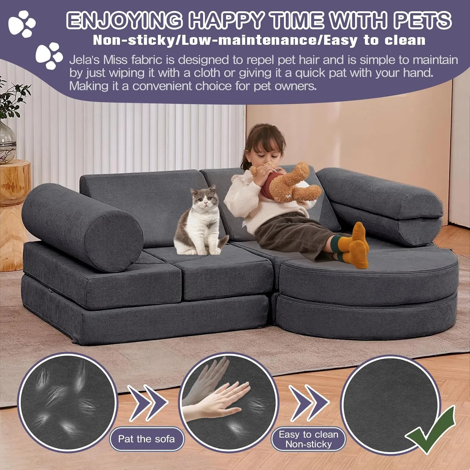 jela Kids Couch 14PCS Luxury, Floor Sofa Modular Furniture for Adults, Playhouse Play Set for Toddlers Babies, Modular Foam Play Couch, Modular Sofa (Charcoal, 57"x28"x18")