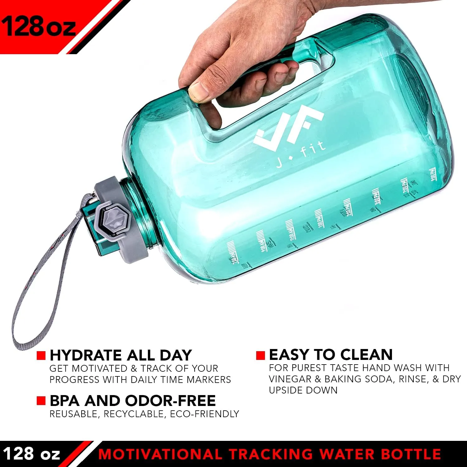 JFIT BPA Free Reusable Sports Water Bottle w/Time Markers, Leakproof Flip-Top Lid & Carry Strap – Durable PETG, 2.28" Wide-Mouth for Ice – Eco-Friendly, Odor-Free & Easy to Clean