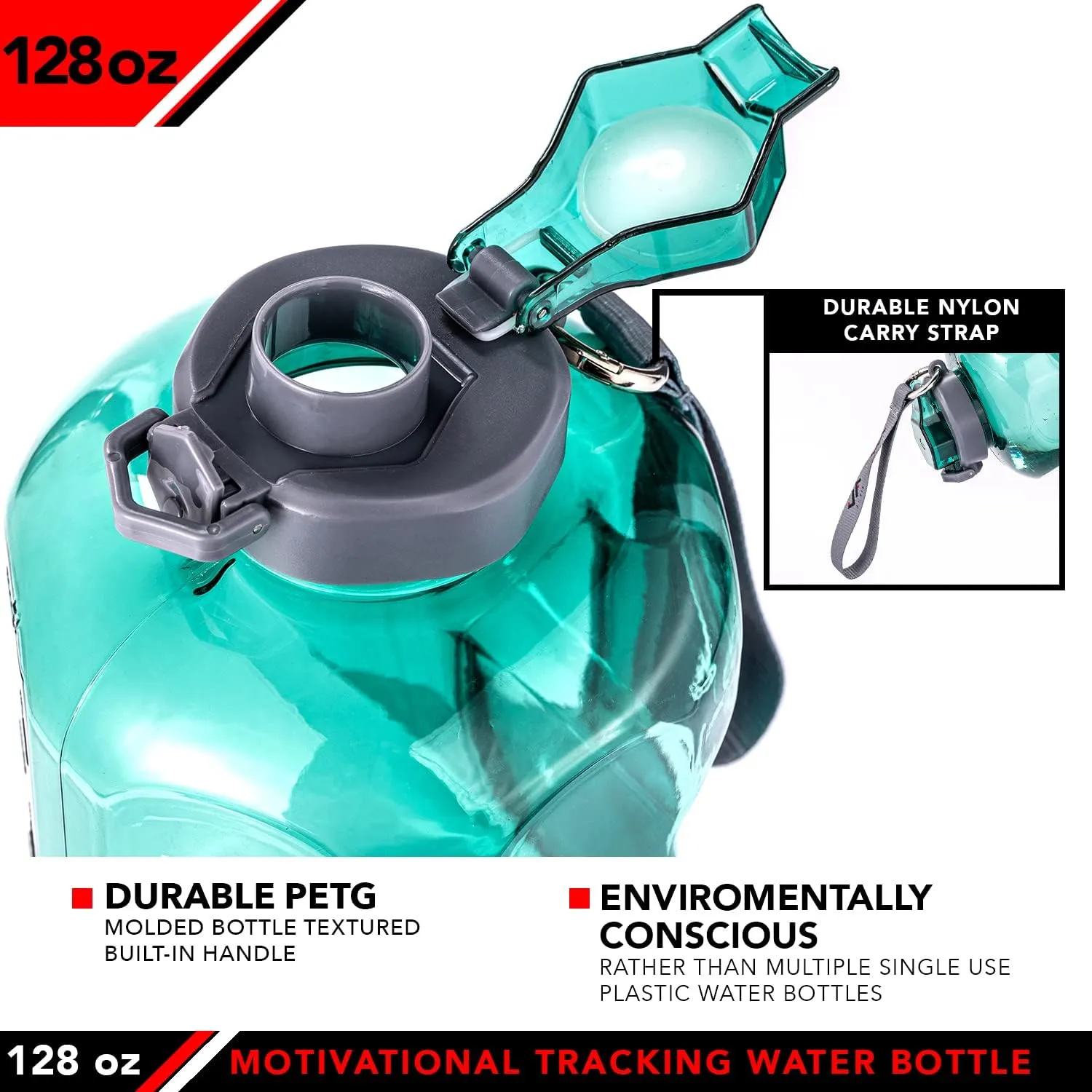 JFIT BPA Free Reusable Sports Water Bottle w/Time Markers, Leakproof Flip-Top Lid & Carry Strap – Durable PETG, 2.28" Wide-Mouth for Ice – Eco-Friendly, Odor-Free & Easy to Clean