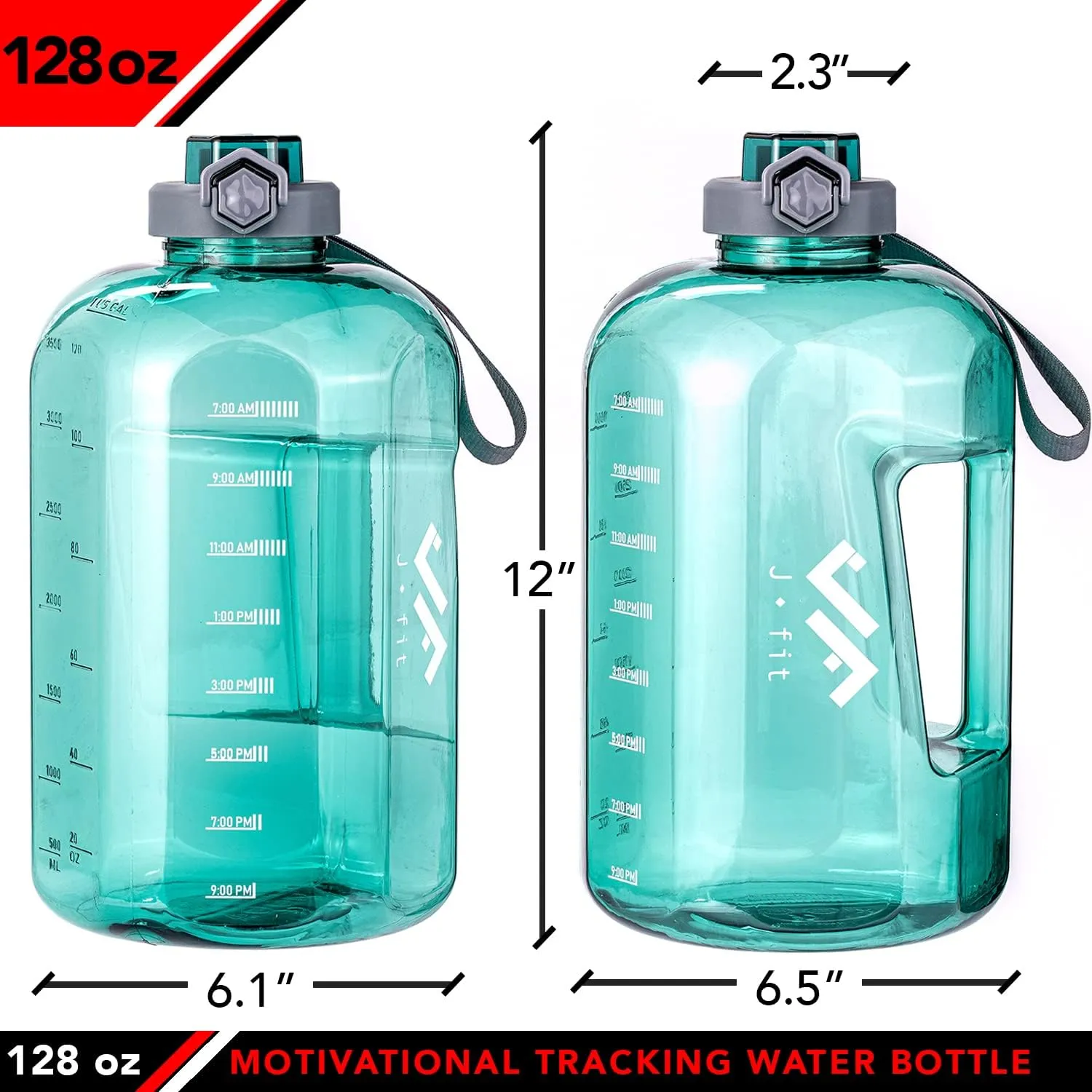 JFIT BPA Free Reusable Sports Water Bottle w/Time Markers, Leakproof Flip-Top Lid & Carry Strap – Durable PETG, 2.28" Wide-Mouth for Ice – Eco-Friendly, Odor-Free & Easy to Clean