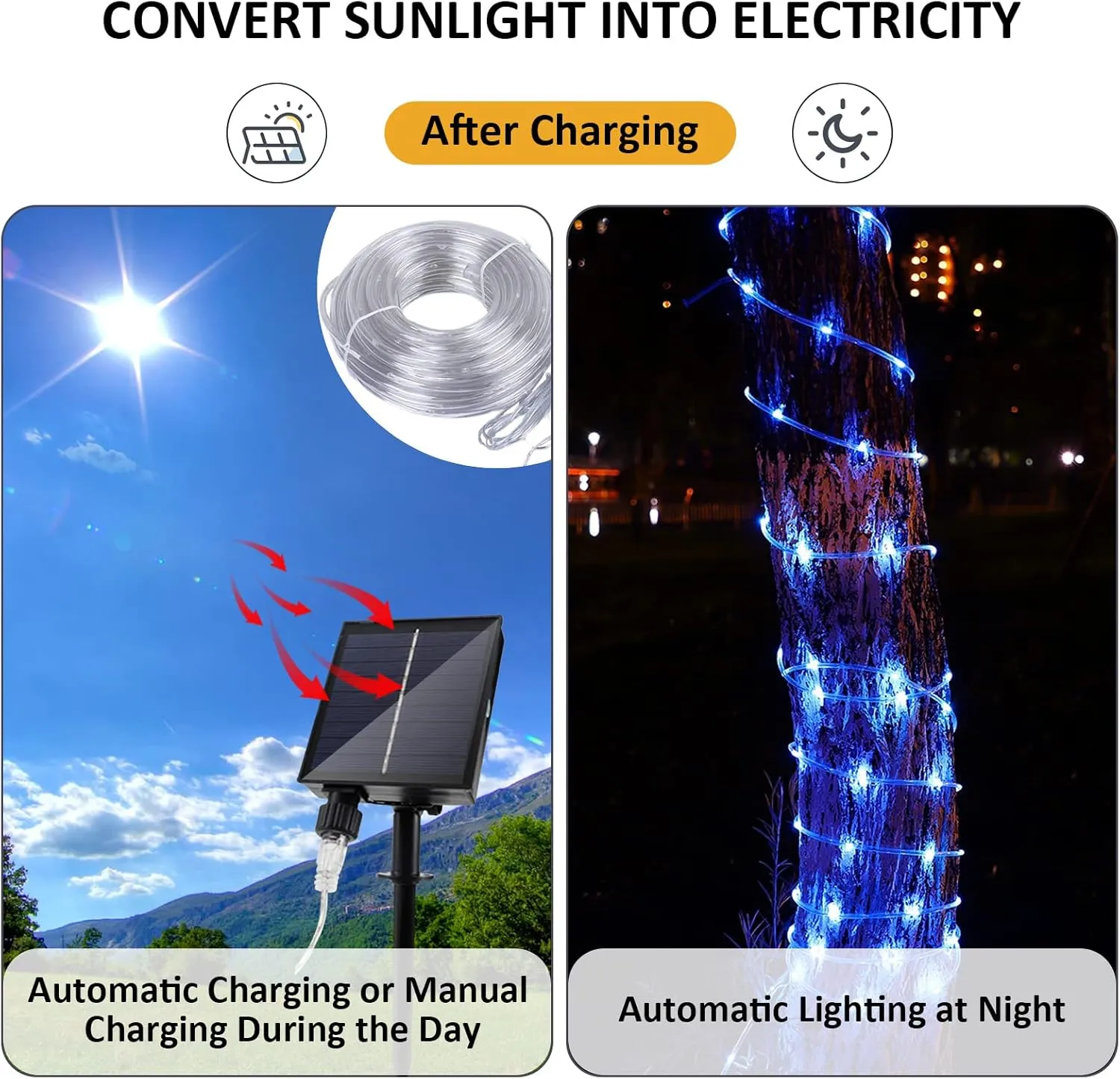 JIMACRO Outdoor Solar LED Rope Lights, IP65 Waterproof Rope Lights 22m/72.2ft 200LEDs Solar Decoration Lights with 8 Lighting Modes, Rope Fairy Light for Garden Tree Party Christmas Decoration
