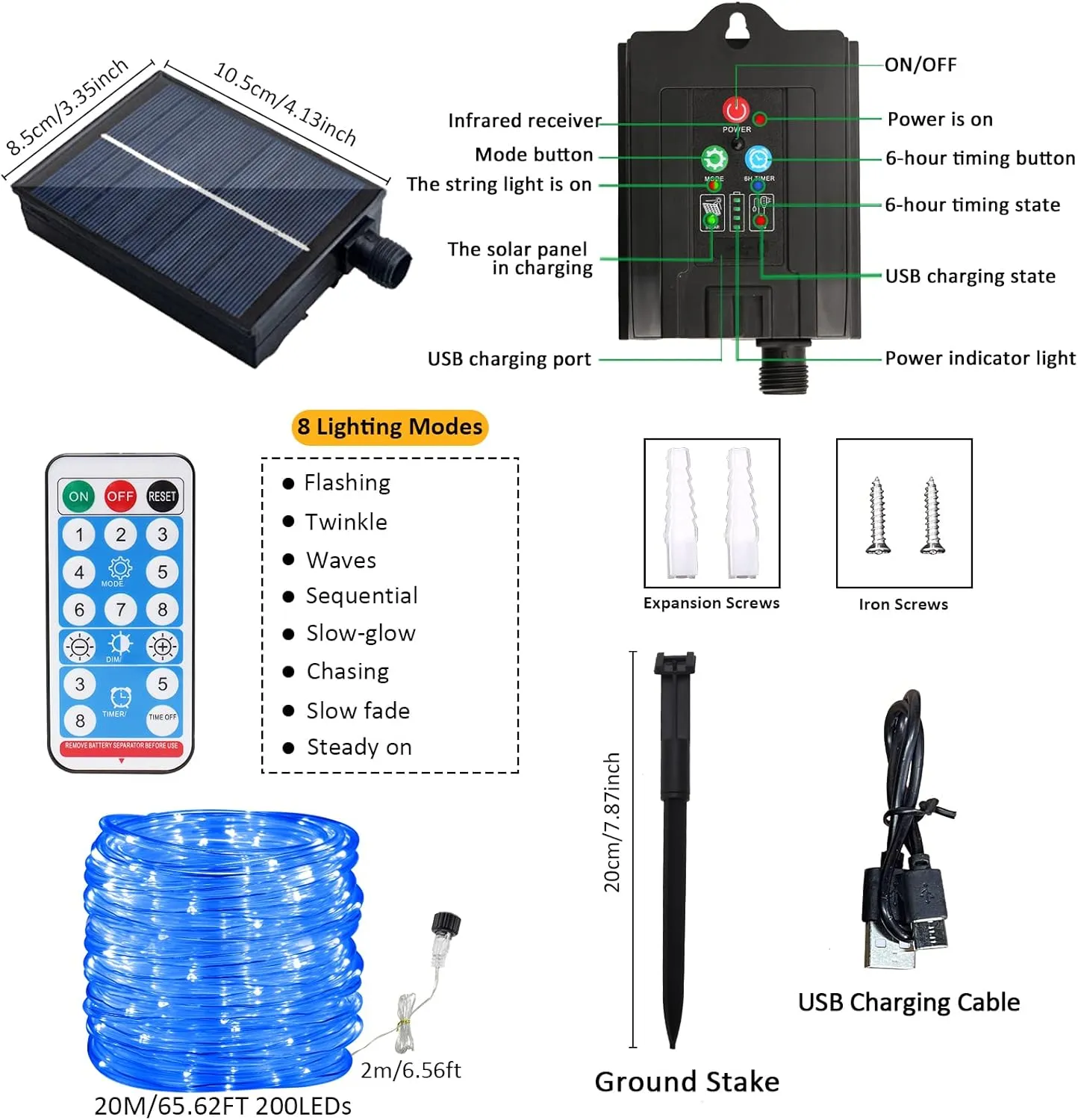 JIMACRO Outdoor Solar LED Rope Lights, IP65 Waterproof Rope Lights 22m/72.2ft 200LEDs Solar Decoration Lights with 8 Lighting Modes, Rope Fairy Light for Garden Tree Party Christmas Decoration