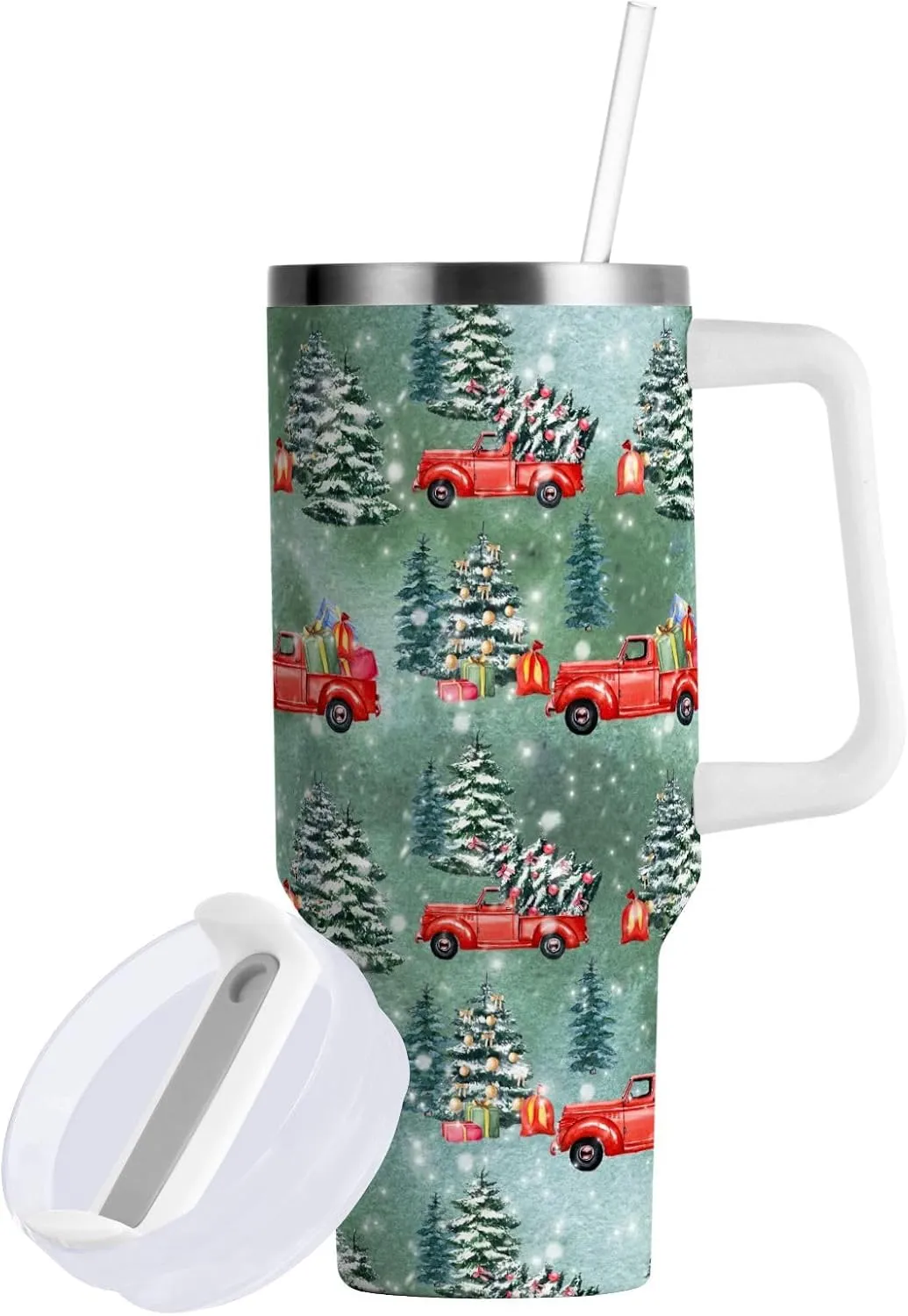 Joisal Christmas Tree and Red Truck Travel Coffee Tumbler Reusable Cups with Lids and Straws Coffee Travel Mug