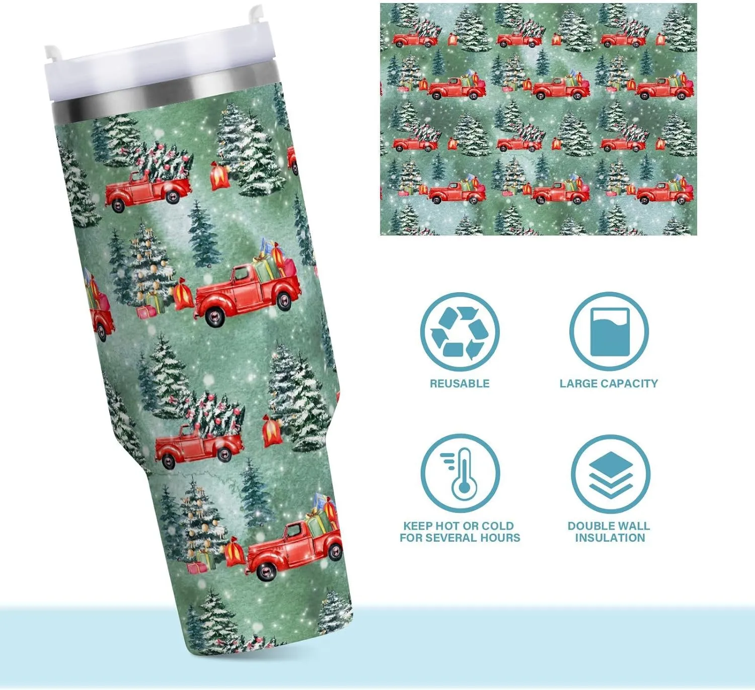 Joisal Christmas Tree and Red Truck Travel Coffee Tumbler Reusable Cups with Lids and Straws Coffee Travel Mug
