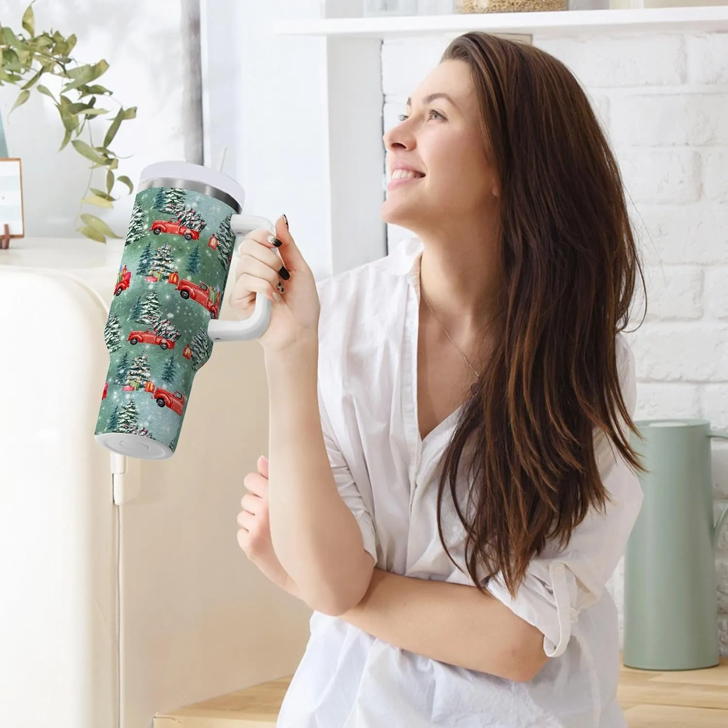 Joisal Christmas Tree and Red Truck Travel Coffee Tumbler Reusable Cups with Lids and Straws Coffee Travel Mug
