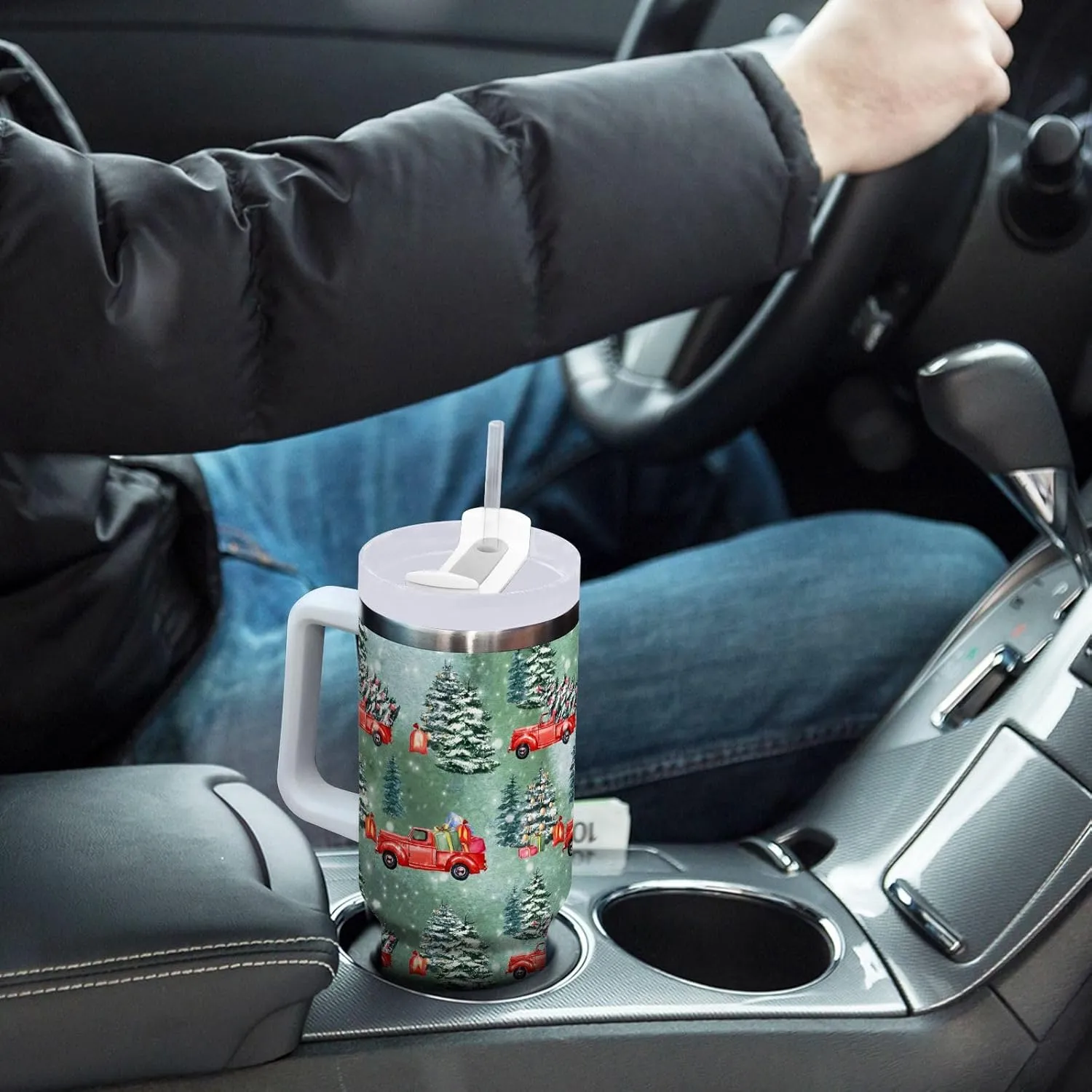 Joisal Christmas Tree and Red Truck Travel Coffee Tumbler Reusable Cups with Lids and Straws Coffee Travel Mug