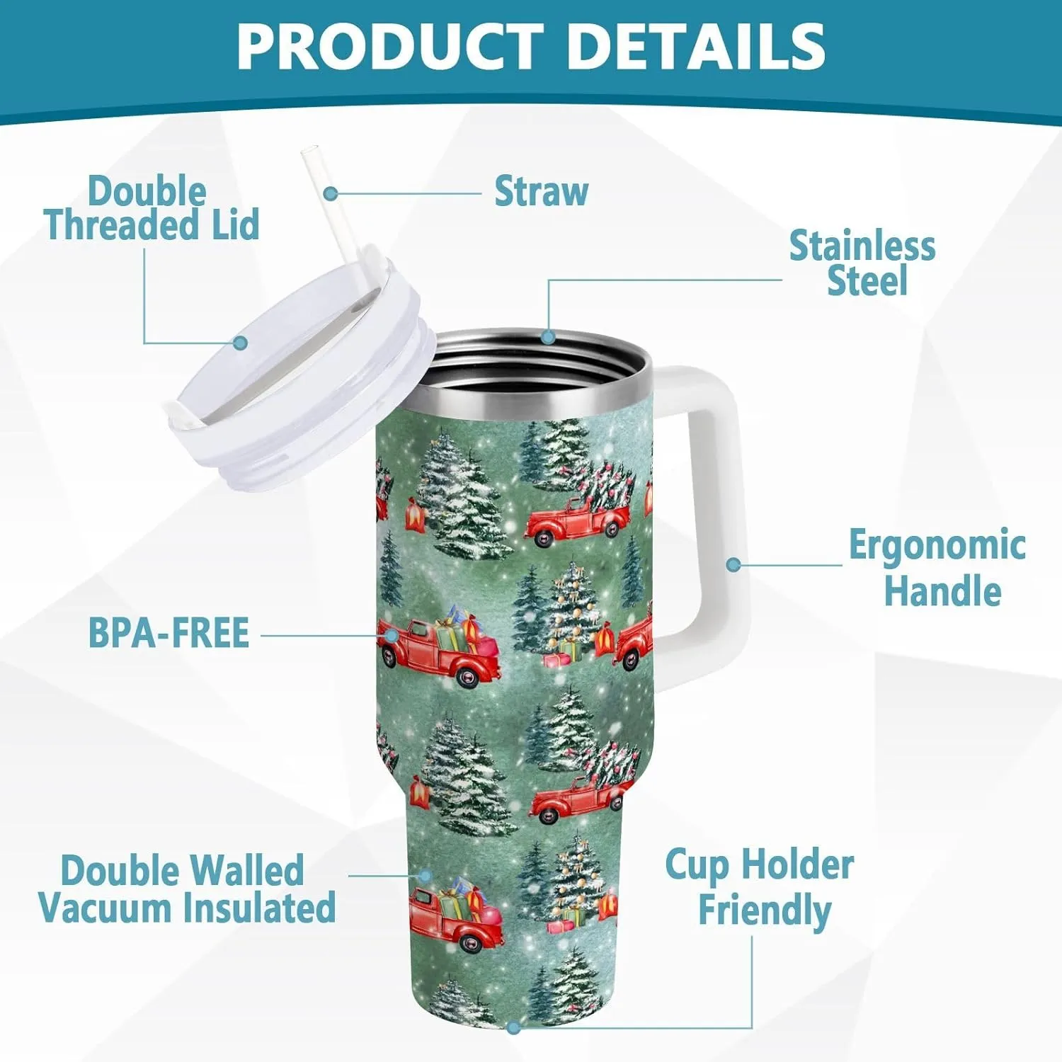 Joisal Christmas Tree and Red Truck Travel Coffee Tumbler Reusable Cups with Lids and Straws Coffee Travel Mug