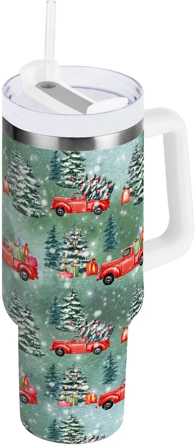 Joisal Christmas Tree and Red Truck Travel Coffee Tumbler Reusable Cups with Lids and Straws Coffee Travel Mug