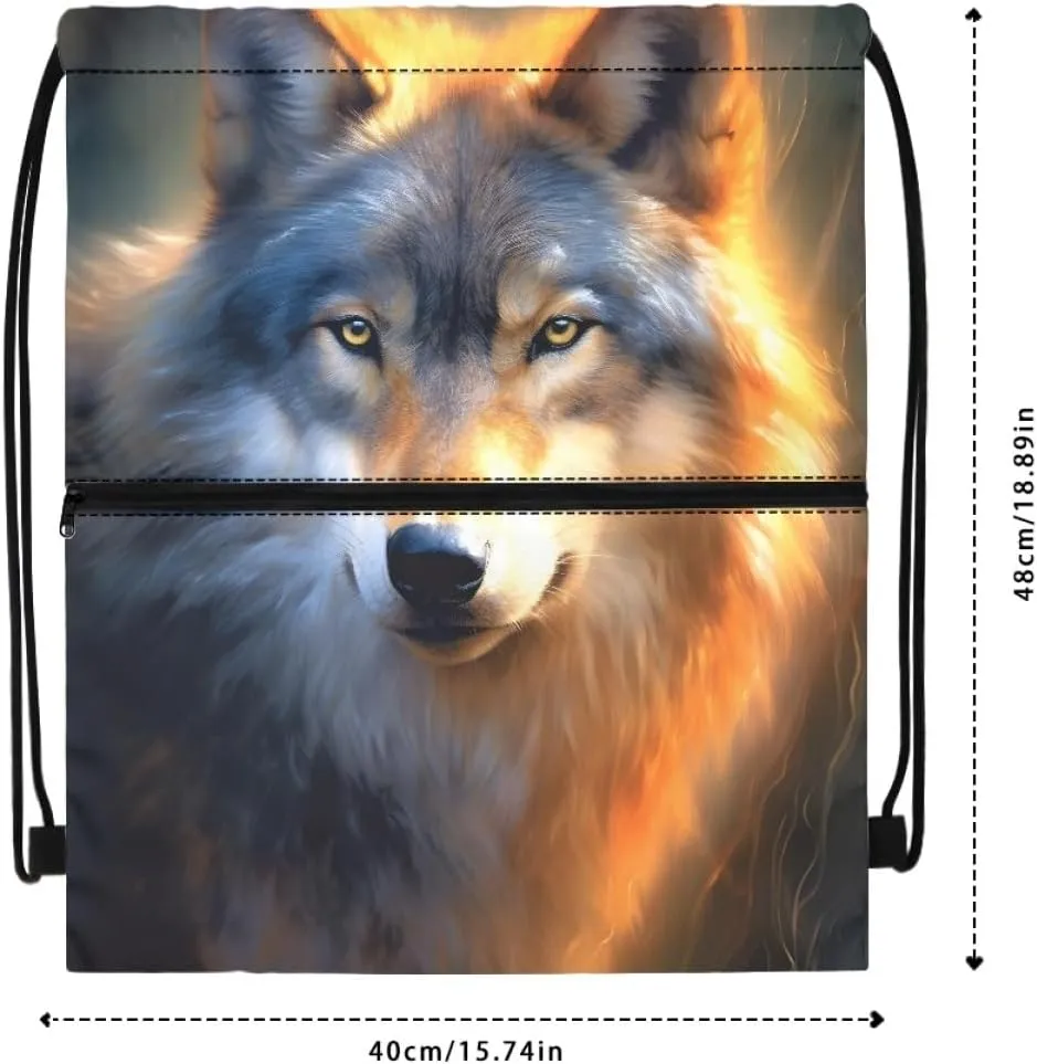 JooMeryer Mens Drawstring Backpack Cool Wolf Printed Foldable String Bag Sackpack Gymsack for Gym Sport,Sunset Wolf