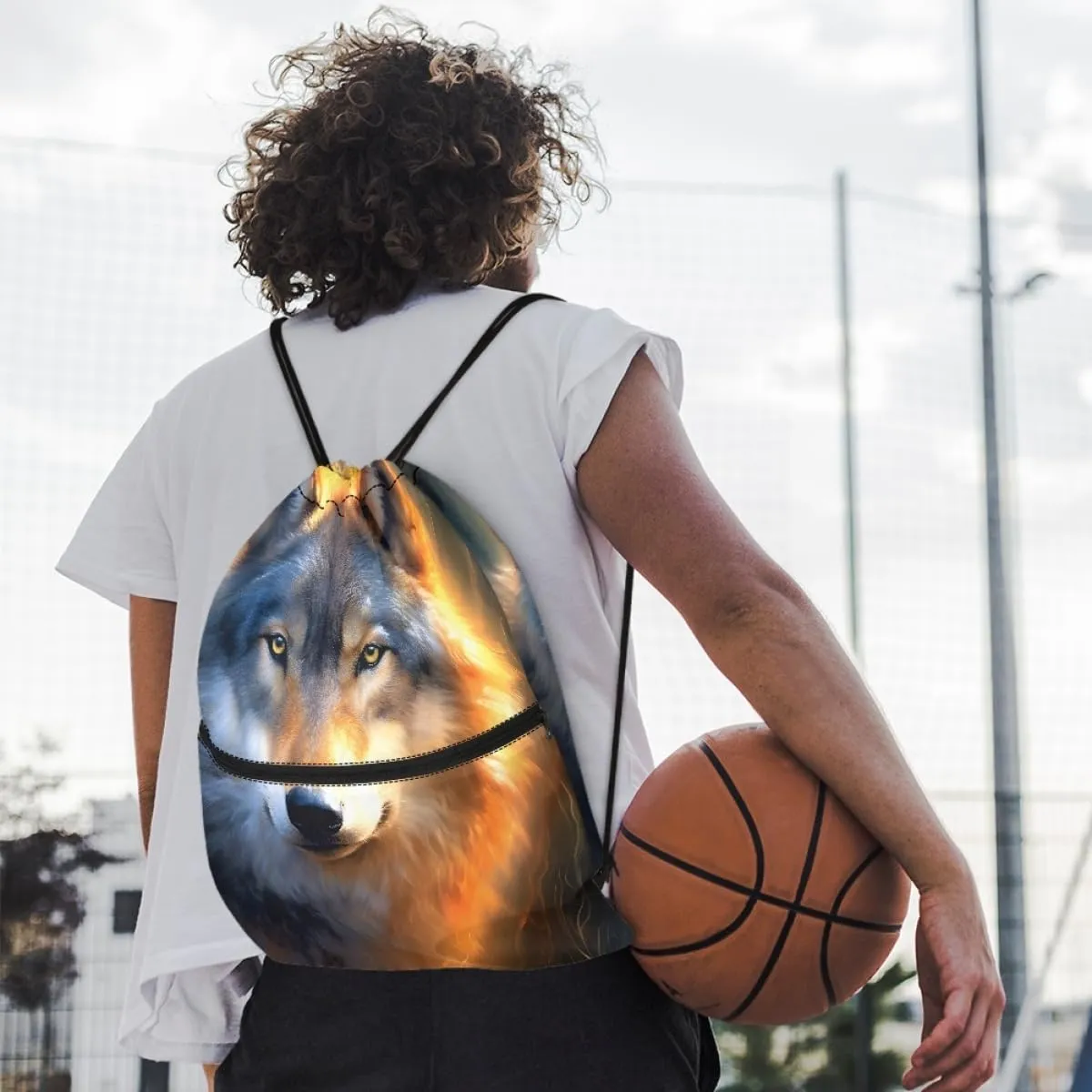 JooMeryer Mens Drawstring Backpack Cool Wolf Printed Foldable String Bag Sackpack Gymsack for Gym Sport,Sunset Wolf