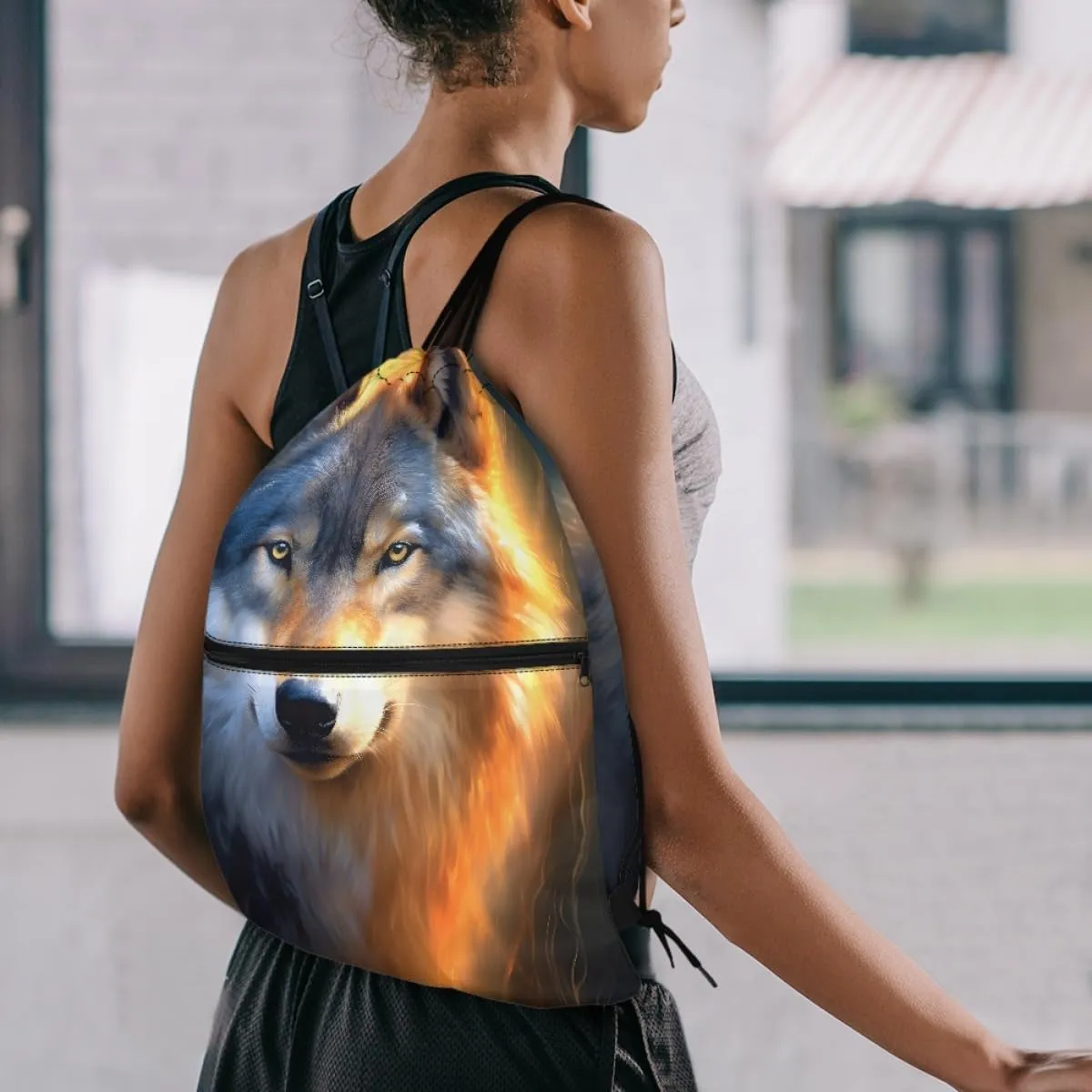 JooMeryer Mens Drawstring Backpack Cool Wolf Printed Foldable String Bag Sackpack Gymsack for Gym Sport,Sunset Wolf