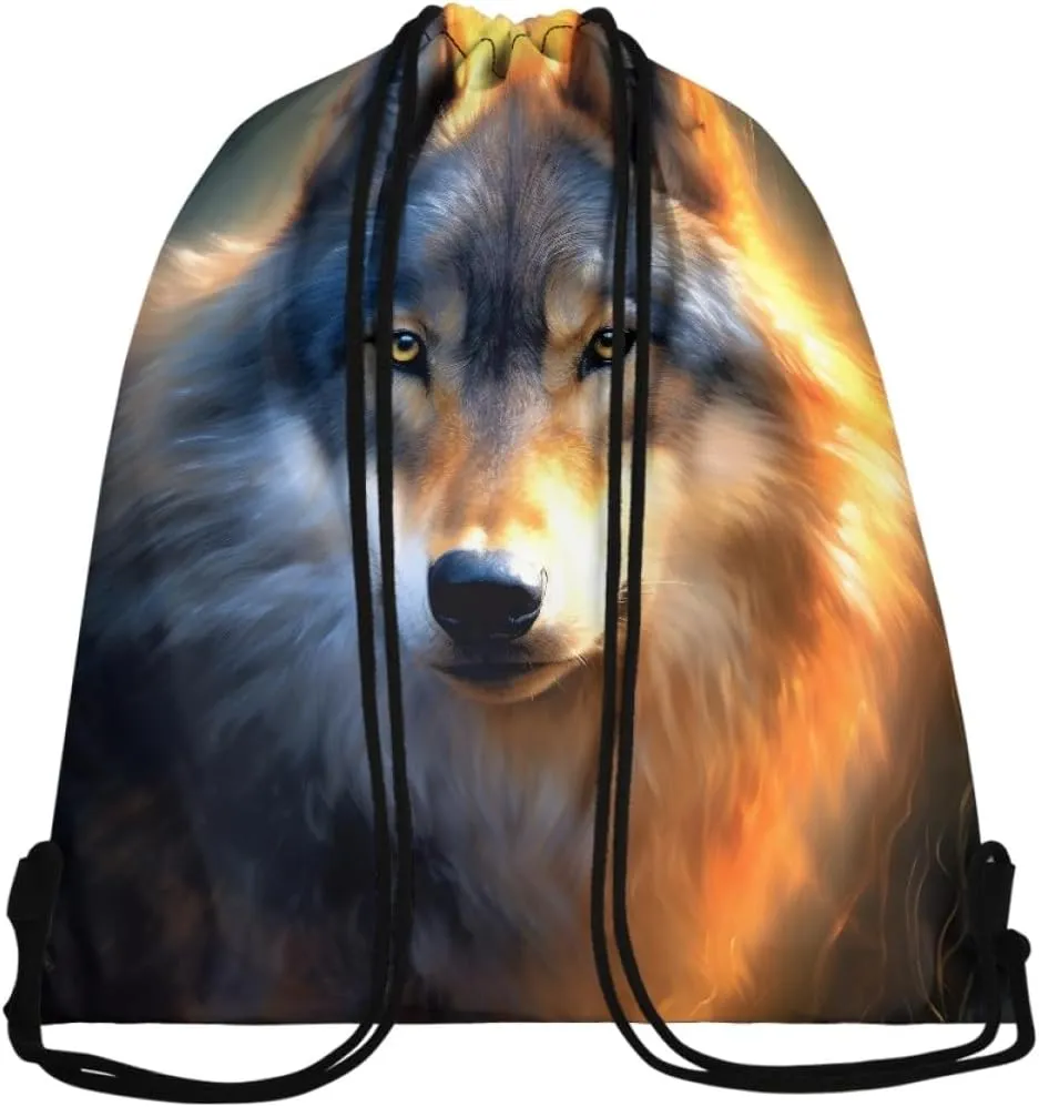 JooMeryer Mens Drawstring Backpack Cool Wolf Printed Foldable String Bag Sackpack Gymsack for Gym Sport,Sunset Wolf