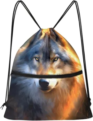 JooMeryer Mens Drawstring Backpack Cool Wolf Printed Foldable String Bag Sackpack Gymsack for Gym Sport,Sunset Wolf