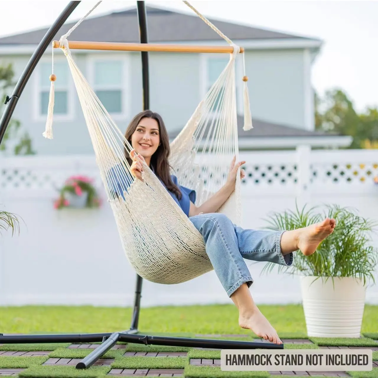 JoyView Hammock Chair with Spreader Bar Caribbean Hammock Swing Chair 300 LBS Weight Capacity XL Rope Hanging Chair for Outdoor Indoor Garden Yard - Natural White
