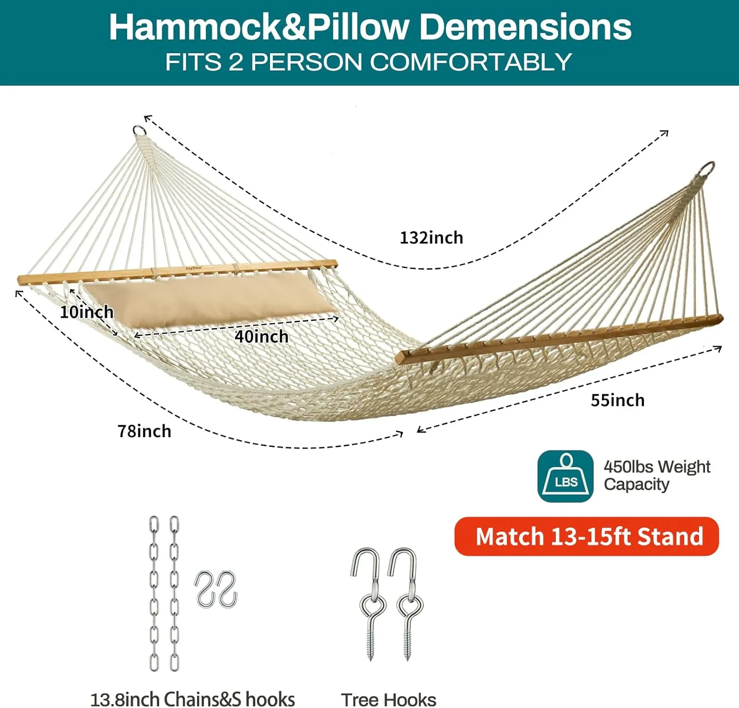 JoyView Traditional Rope Double Hammock - Hand Woven Cotton Hammock with Hardwood Spreader Bar and Pillow 450lb Capacity for Outdoor Indoor Patio Yard - Natural