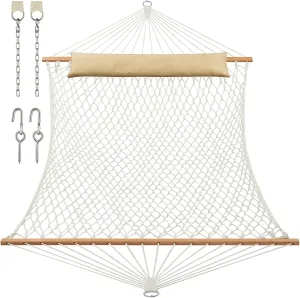 JoyView Traditional Rope Double Hammock - Hand Woven Cotton Hammock with Hardwood Spreader Bar and Pillow 450lb Capacity for Outdoor Indoor Patio Yard - Natural