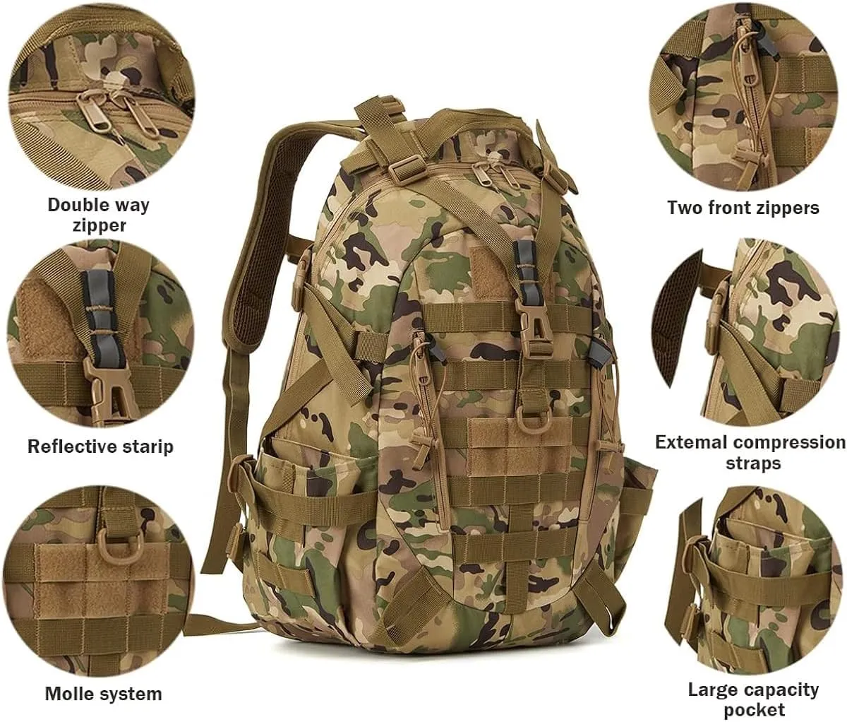 Jungle Leopard 40L Tactical Backpack Men Camping Hiking Bag Reflective Travel Survival MOLLE Climbing Rucksack(BK)