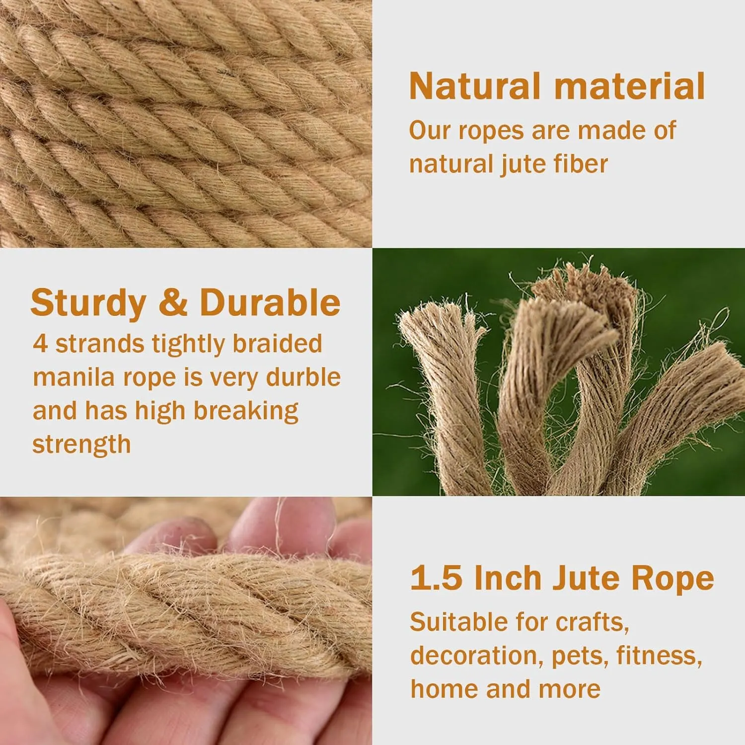 Jute Rope (1.5 in X 50 ft), 38mm Thick Twisted Manila Ropes, Natural Heavy Duty Hemp Rope for Swing Bed, Crafts, Railing, Tug of War, Landscaping, Garden, Bundling, Hammock, Home Decorating