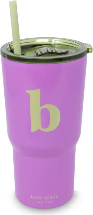 kate spade new york 20 Ounce Insulated Initial Tumbler for Cold and Hot Drinks with Reusable Straw, Stainless Steel Travel Cup with Slide Top Lid (B)