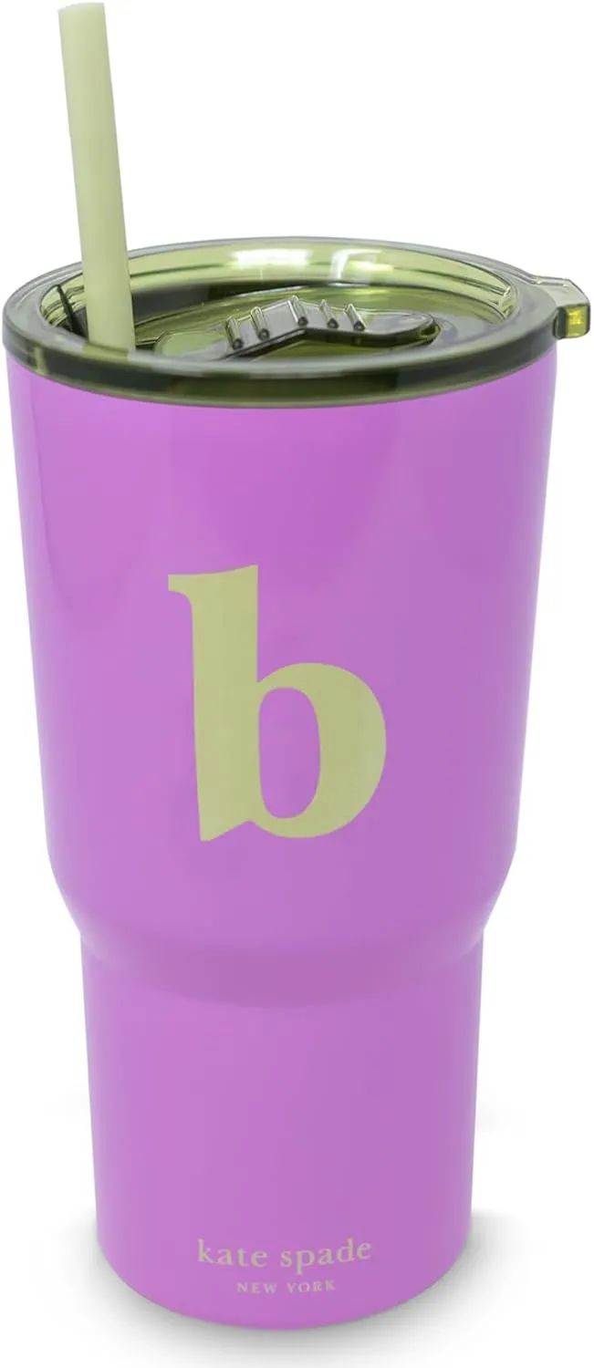 kate spade new york 20 Ounce Insulated Initial Tumbler for Cold and Hot Drinks with Reusable Straw, Stainless Steel Travel Cup with Slide Top Lid (B)