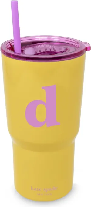 kate spade new york 20 Ounce Insulated Initial Tumbler for Cold and Hot Drinks with Reusable Straw, Stainless Steel Travel Cup with Slide Top Lid (D)