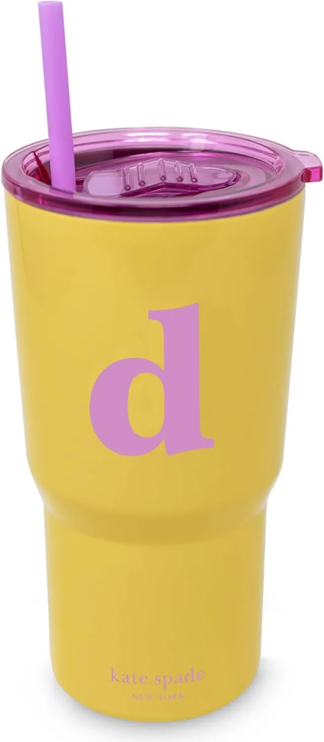 kate spade new york 20 Ounce Insulated Initial Tumbler for Cold and Hot Drinks with Reusable Straw, Stainless Steel Travel Cup with Slide Top Lid (D)