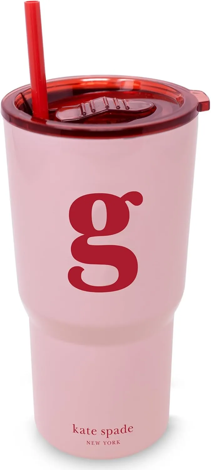 kate spade new york 20 Ounce Insulated Initial Tumbler for Cold and Hot Drinks with Reusable Straw, Stainless Steel Travel Cup with Slide Top Lid (G)