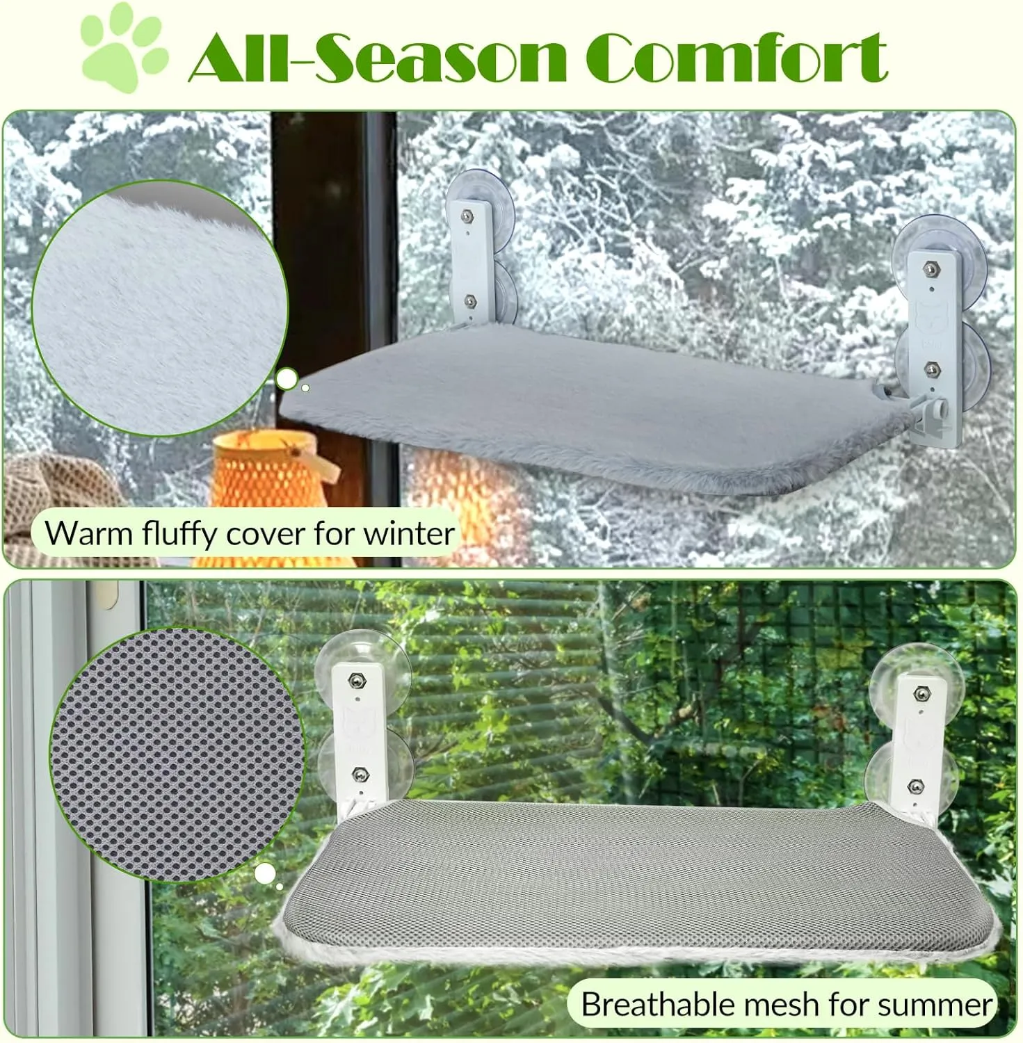 keny Cordless Cat Window Perch, Large Size Hammock with 4 Strong Suction Cups, Cat Hammock for Window with Two Fabrics Cover, Foldable Bed for Cats, Grey