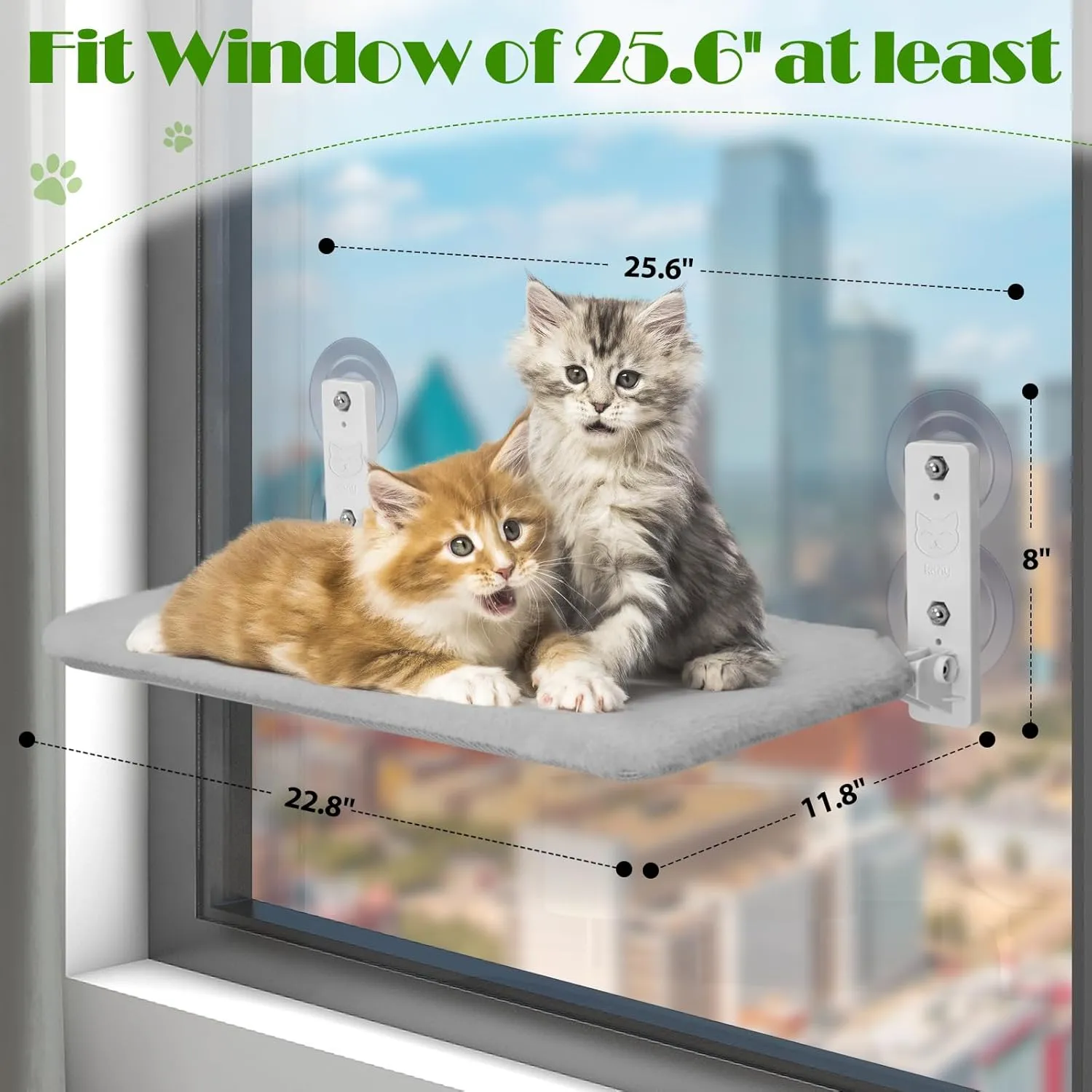 keny Cordless Cat Window Perch, Large Size Hammock with 4 Strong Suction Cups, Cat Hammock for Window with Two Fabrics Cover, Foldable Bed for Cats, Grey