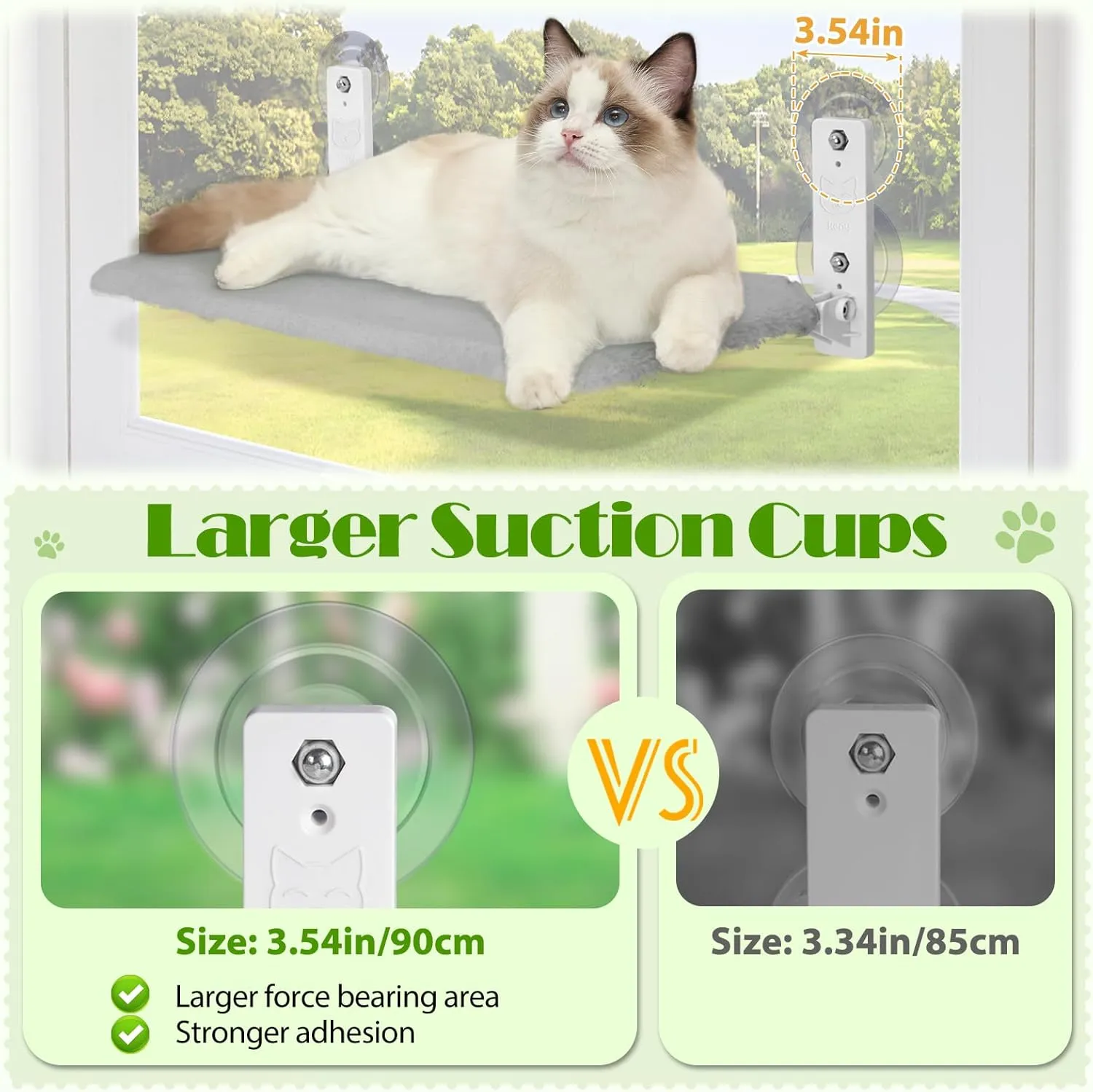 keny Cordless Cat Window Perch, Large Size Hammock with 4 Strong Suction Cups, Cat Hammock for Window with Two Fabrics Cover, Foldable Bed for Cats, Grey