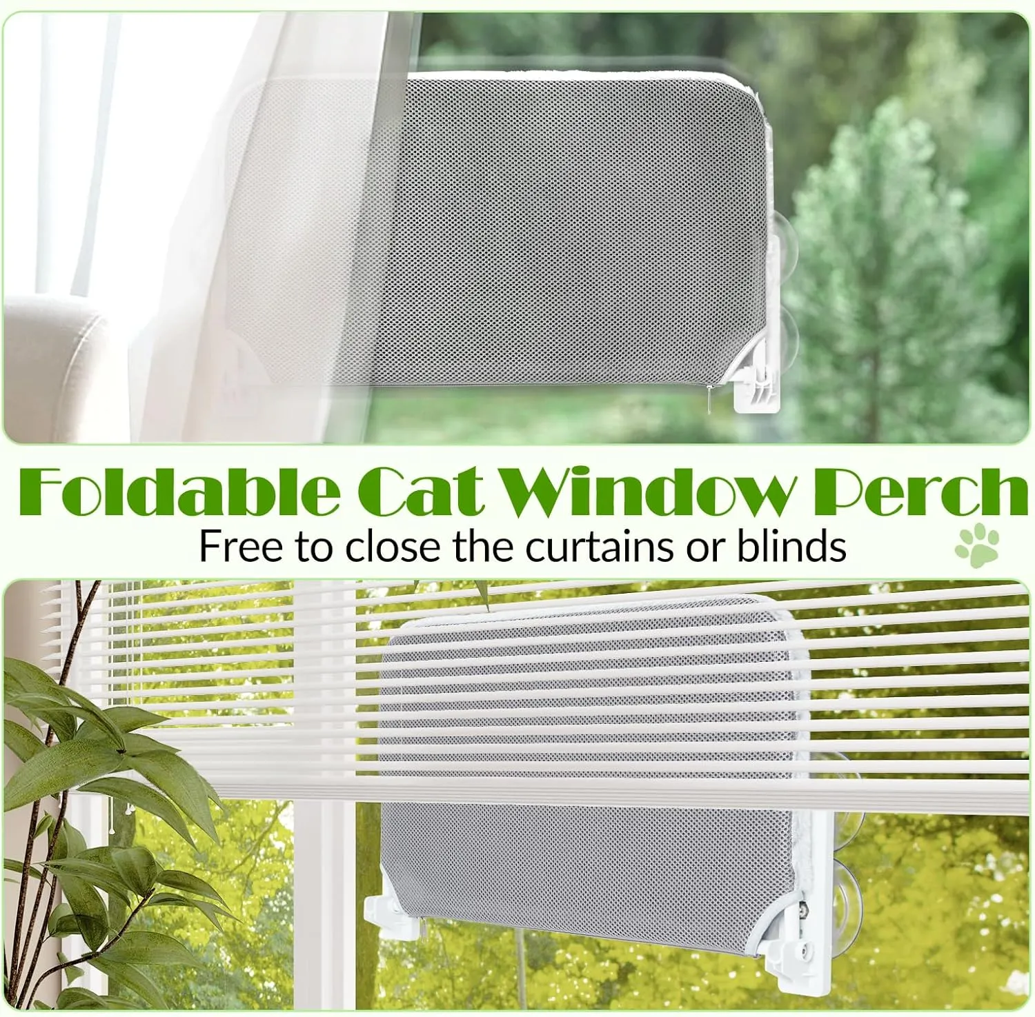keny Cordless Cat Window Perch, Large Size Hammock with 4 Strong Suction Cups, Cat Hammock for Window with Two Fabrics Cover, Foldable Bed for Cats, Grey