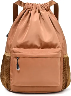 Khaki Drawstring Backpack for Women, Waterproof Drawstring Gym Bag for Men, Small Cinch Sack for Basketball, Pull String Sport Bag for Soccer.