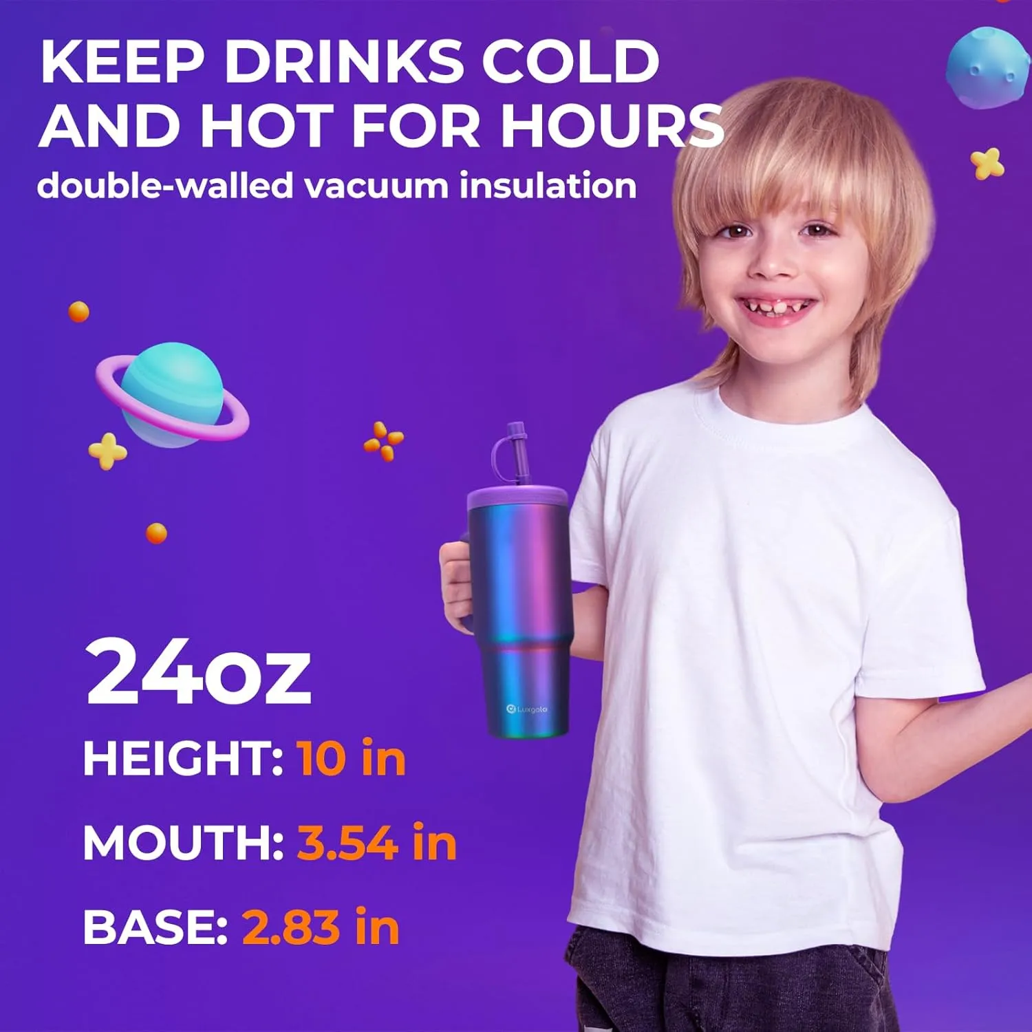 Kids 24 oz Tumbler with Handle, Leak-Proof Screw-On Lid with Removable Silicone Straw, Spill Proof, Reusable Stainless Steel Insulated Water Bottle, Gift for Boys Girls Adults, Black Planet