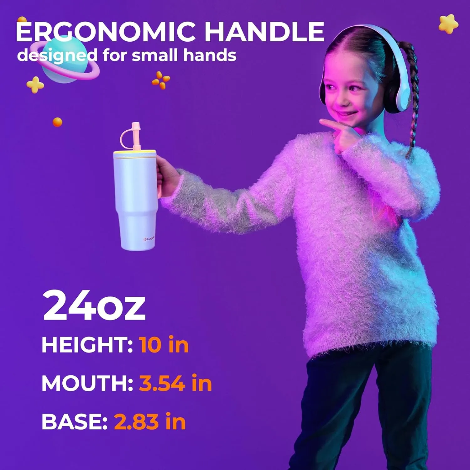 Kids 24 oz Tumbler with Handle, Leak-Proof Screw-On Lid with Removable Silicone Straw, Spill Proof, Reusable Stainless Steel Insulated Water Bottle, Gift for Boys Girls Adults, Black Planet
