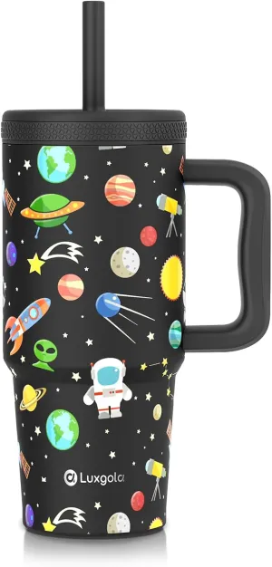Kids 24 oz Tumbler with Handle, Leak-Proof Screw-On Lid with Removable Silicone Straw, Spill Proof, Reusable Stainless Steel Insulated Water Bottle, Gift for Boys Girls Adults, Black Planet
