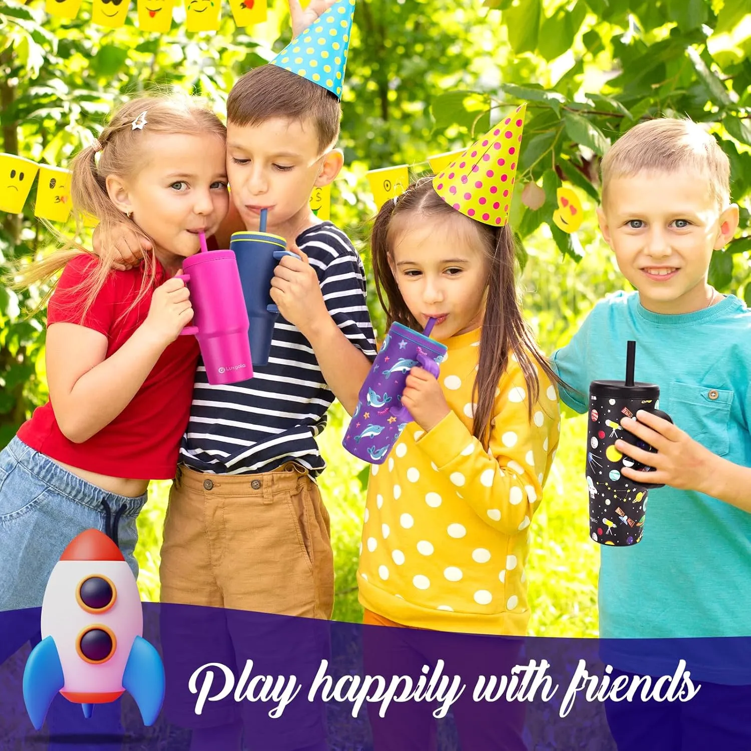 Kids 24 oz Tumbler with Handle, Leak-Proof Screw-On Lid with Removable Silicone Straw, Spill Proof, Reusable Stainless Steel Insulated Water Bottle, Gift for Boys Girls Adults, Black Planet