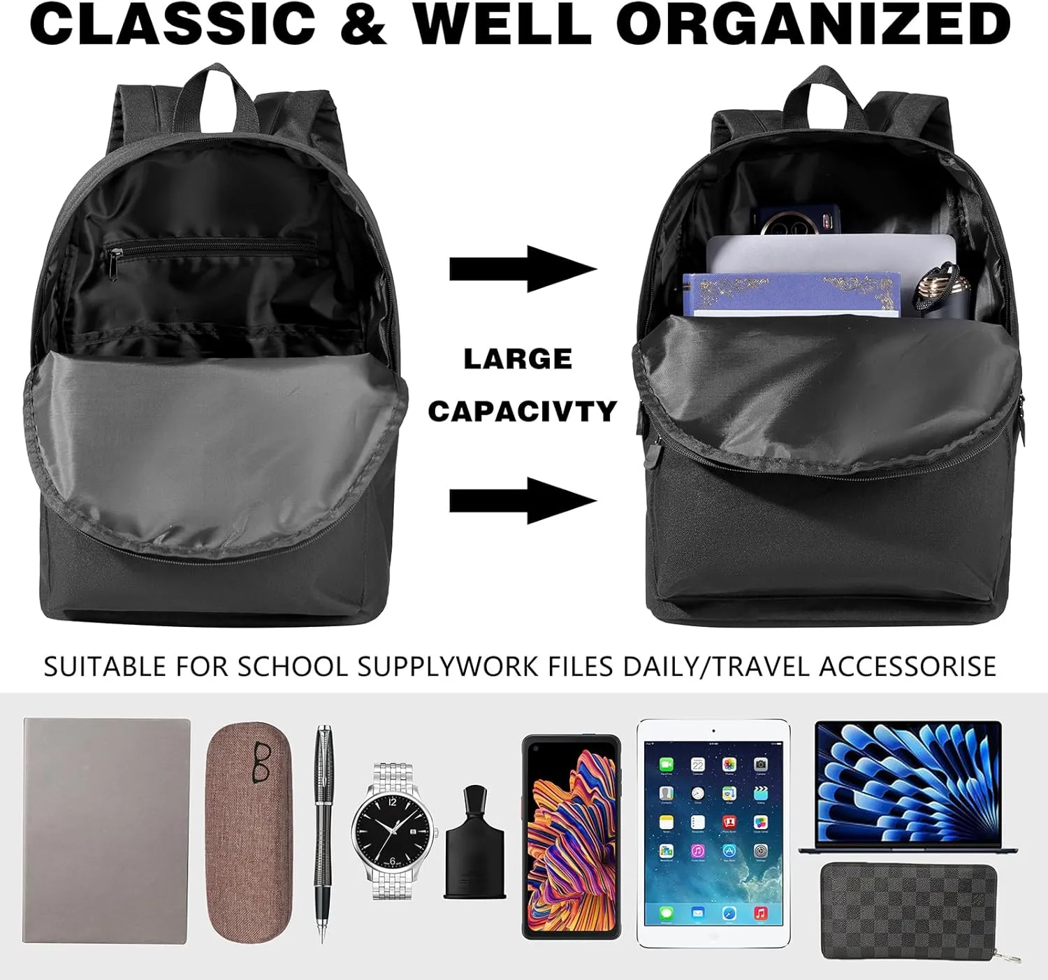 kids backpack black classic BASIC backpack lightweight campus schoolbag for school sports travel work 16 inch (black)