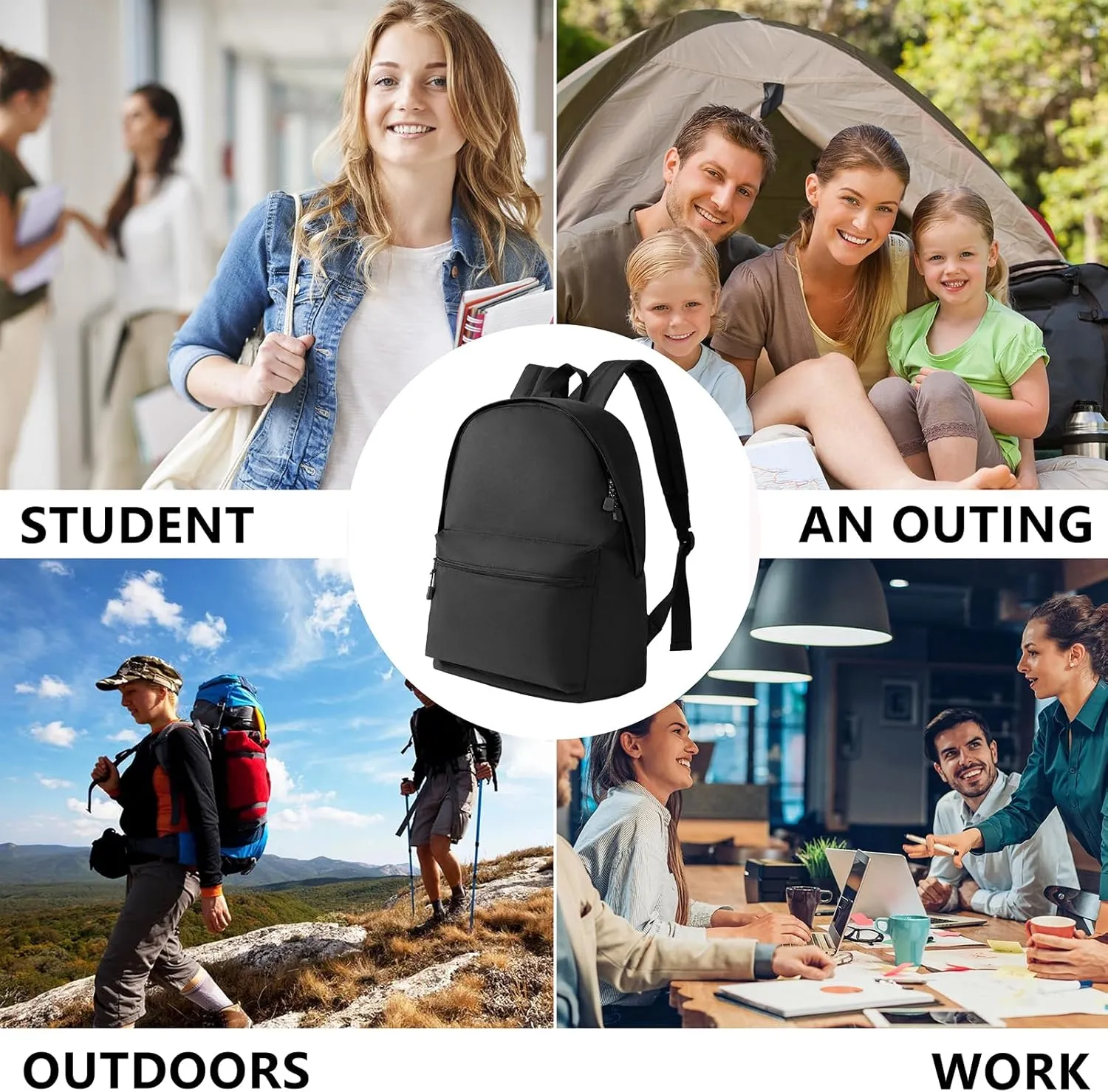 kids backpack black classic BASIC backpack lightweight campus schoolbag for school sports travel work 16 inch (black)