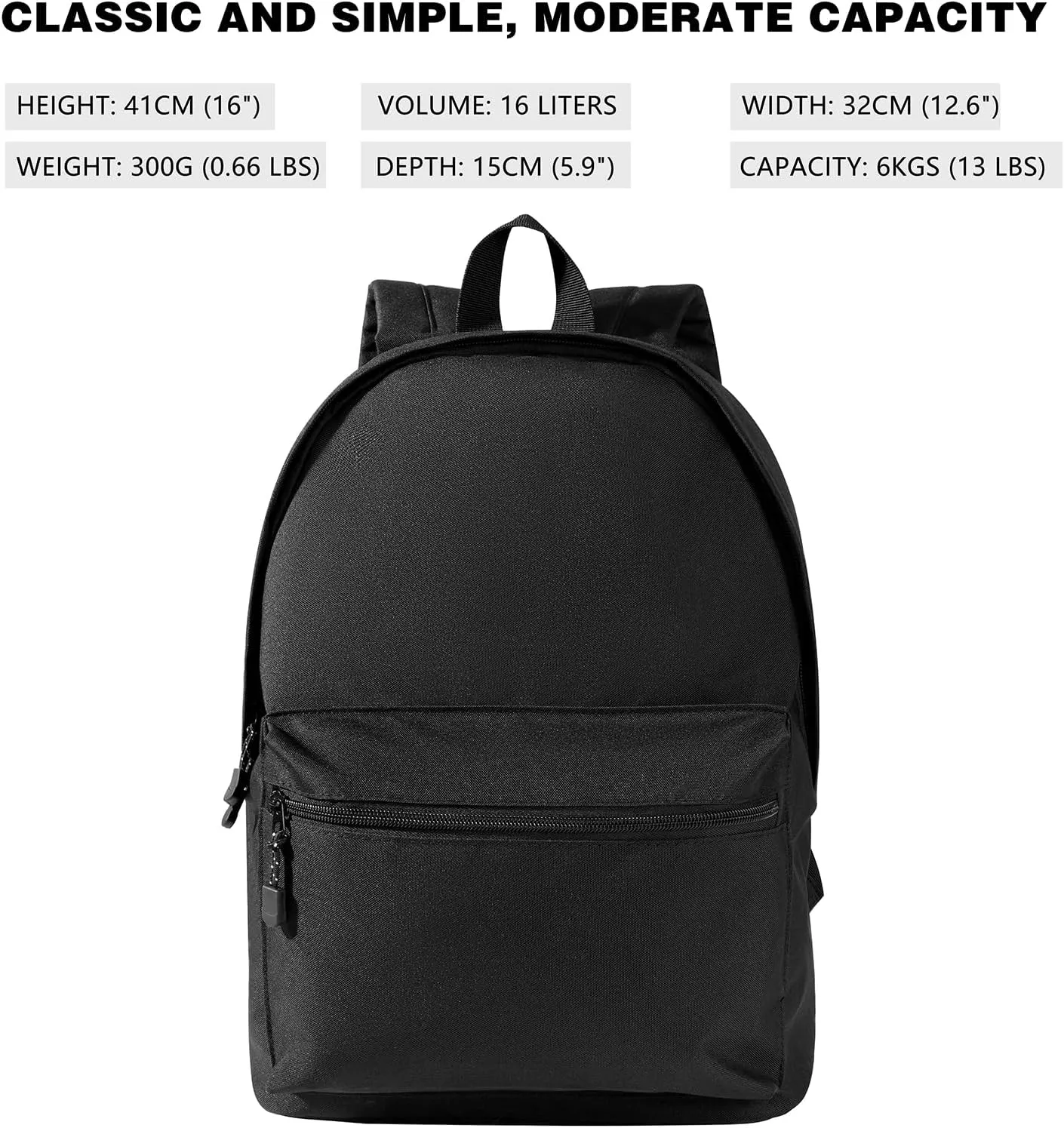 kids backpack black classic BASIC backpack lightweight campus schoolbag for school sports travel work 16 inch (black)