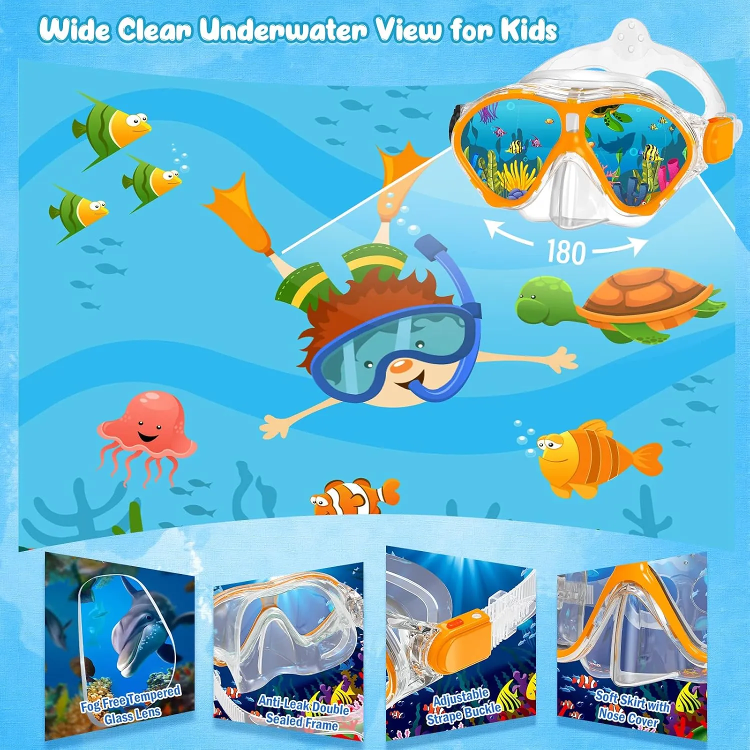 Kids Snorkel Set, Mask Fins Snorkeling Gear for Kids Anti-Fog Swim Goggles 180 Panoramic View Dry Top Snorkel and Dive Flippers Combo with Travel Bag for Snorkeling Training Swimming Diving