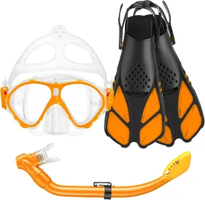 Kids Snorkel Set, Mask Fins Snorkeling Gear for Kids Anti-Fog Swim Goggles 180 Panoramic View Dry Top Snorkel and Dive Flippers Combo with Travel Bag for Snorkeling Training Swimming Diving