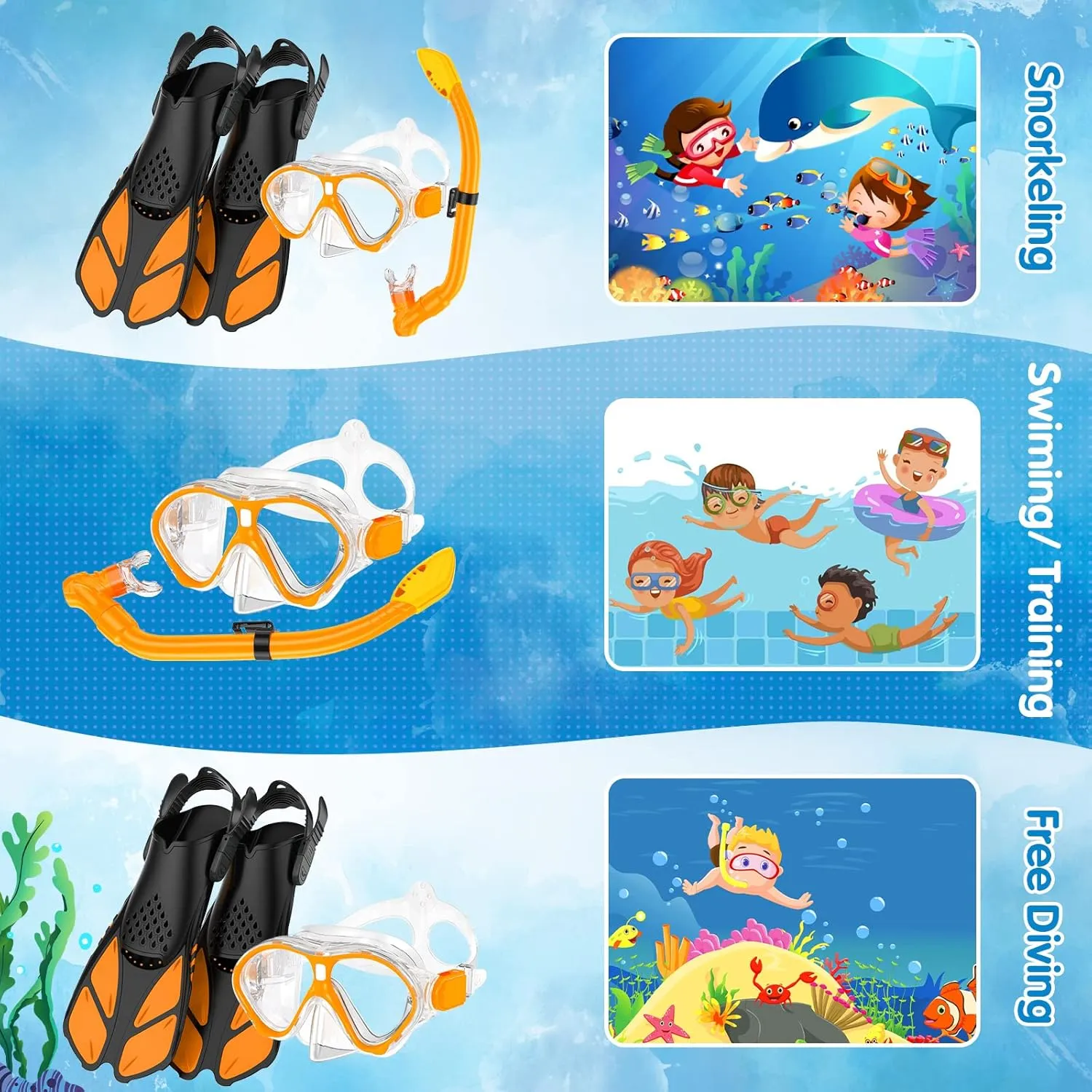 Kids Snorkel Set, Mask Fins Snorkeling Gear for Kids Anti-Fog Swim Goggles 180 Panoramic View Dry Top Snorkel and Dive Flippers Combo with Travel Bag for Snorkeling Training Swimming Diving