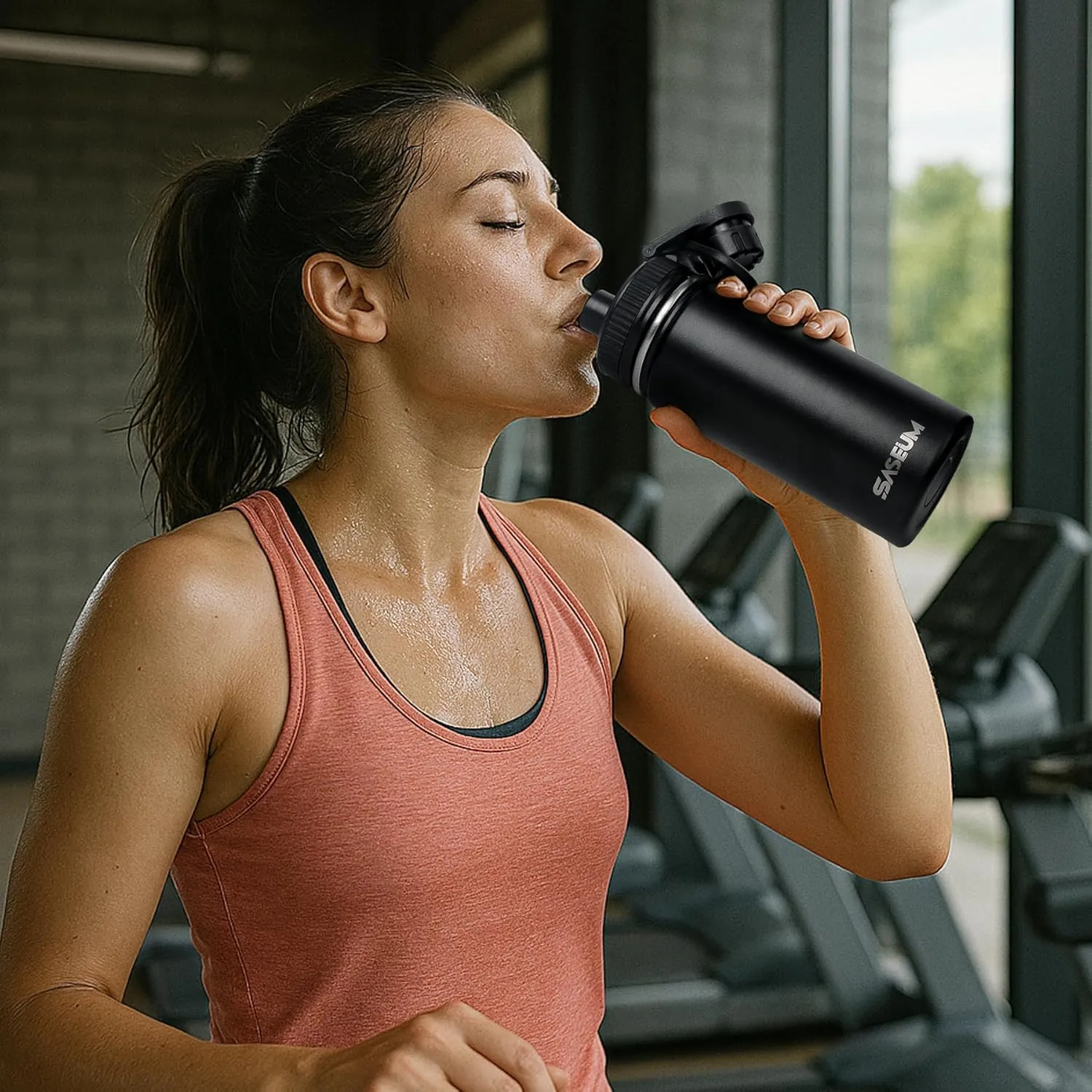 Kids Sport Water Bottle 16oz Stainless Steel Double Wall Vacuum Thermal Mug with Leak Proof Spout Lids, Wide Mouth Metal Insulated Water Jug for Gym and Travel（Black）