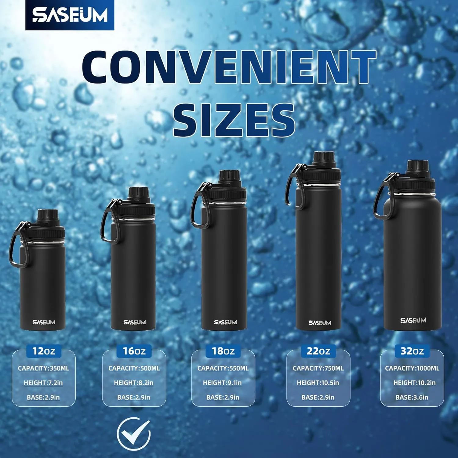 Kids Sport Water Bottle 16oz Stainless Steel Double Wall Vacuum Thermal Mug with Leak Proof Spout Lids, Wide Mouth Metal Insulated Water Jug for Gym and Travel（Black）