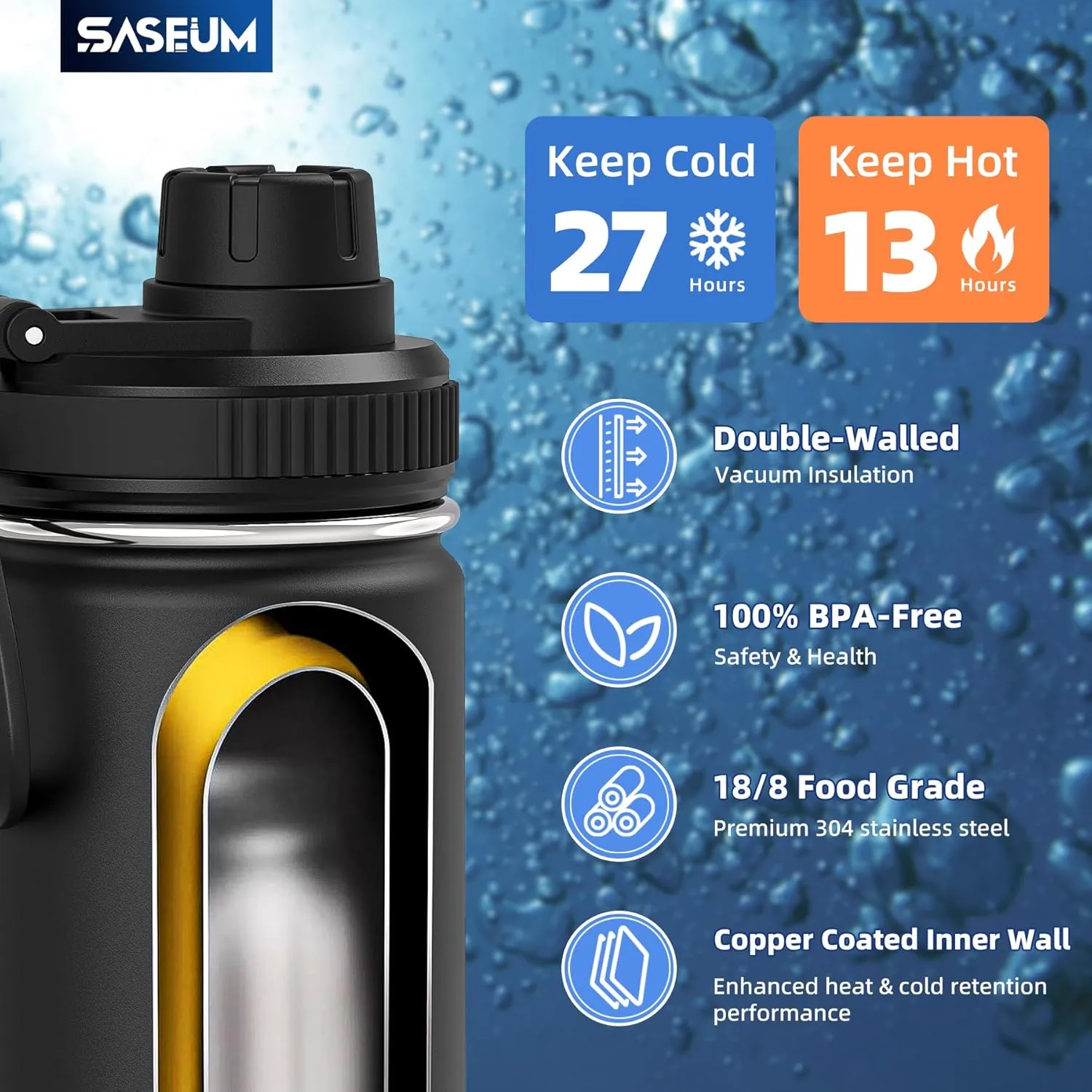Kids Sport Water Bottle 16oz Stainless Steel Double Wall Vacuum Thermal Mug with Leak Proof Spout Lids, Wide Mouth Metal Insulated Water Jug for Gym and Travel（Black）