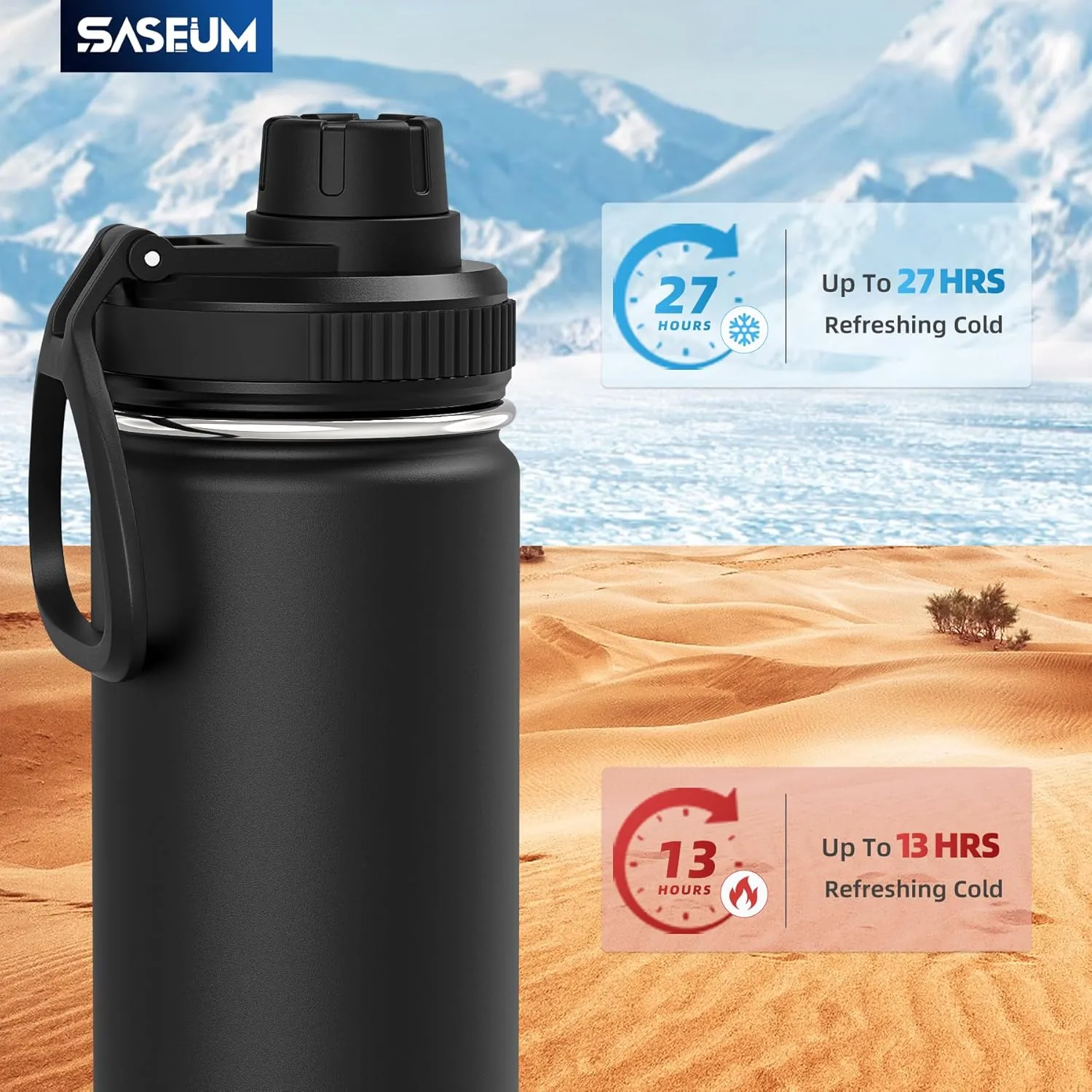 Kids Sport Water Bottle 16oz Stainless Steel Double Wall Vacuum Thermal Mug with Leak Proof Spout Lids, Wide Mouth Metal Insulated Water Jug for Gym and Travel（Black）