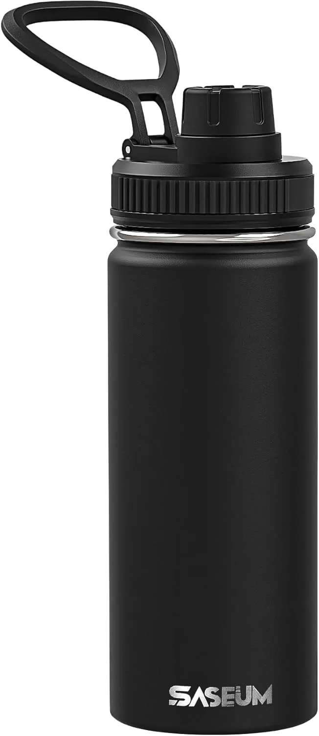 Kids Sport Water Bottle 16oz Stainless Steel Double Wall Vacuum Thermal Mug with Leak Proof Spout Lids, Wide Mouth Metal Insulated Water Jug for Gym and Travel（Black）