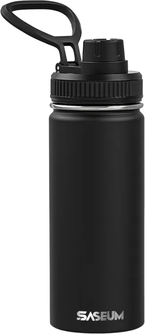 Kids Sport Water Bottle 16oz Stainless Steel Double Wall Vacuum Thermal Mug with Leak Proof Spout Lids, Wide Mouth Metal Insulated Water Jug for Gym and Travel（Black）