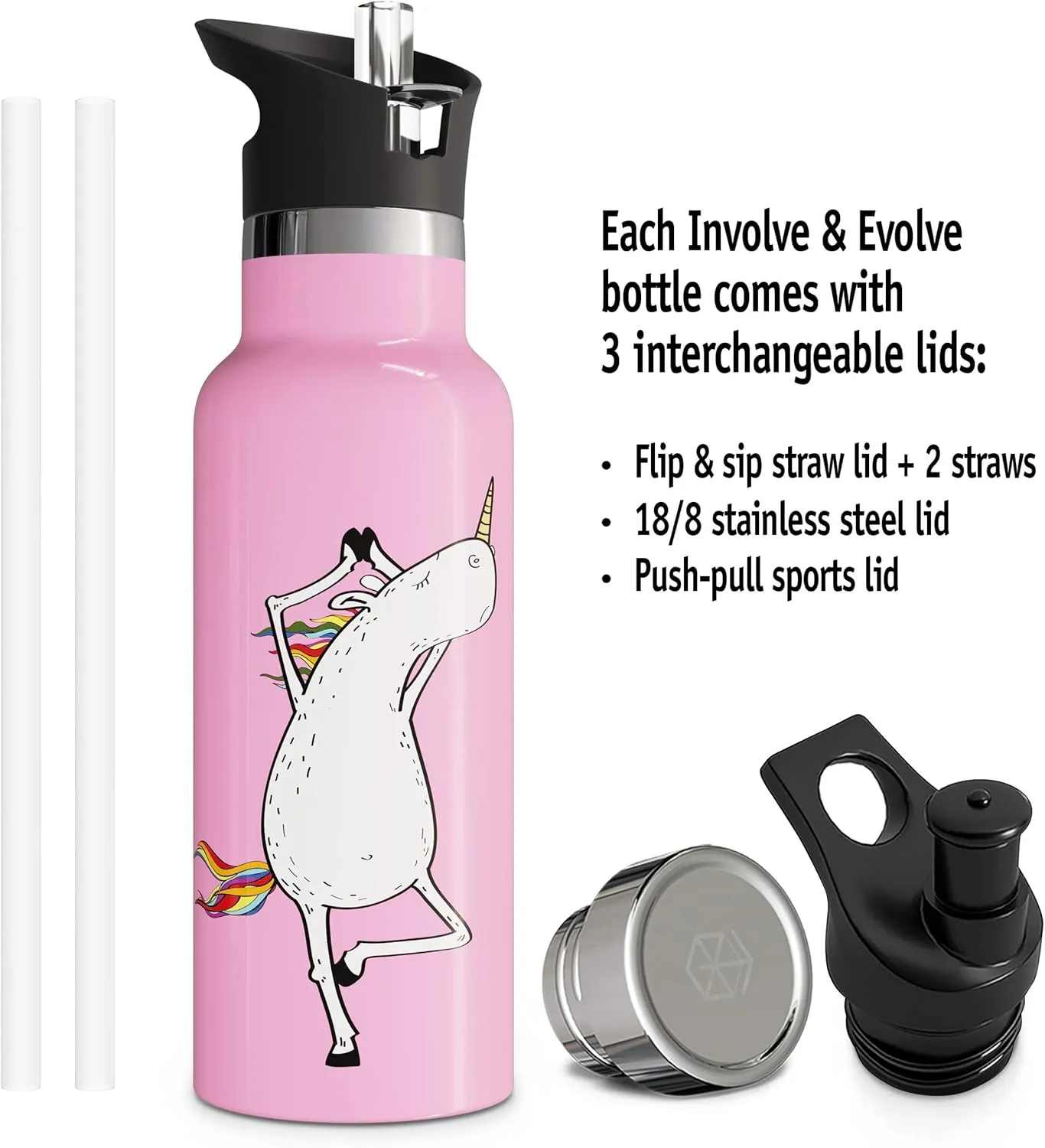 Kids Water Bottle Easy-Sip Straw Lid Leak-Proof Insulated Stainless Steel Thermos Perfect for School & Pickleball 3 Lids BPA-Free Keeps Drinks Cold for 24 Hours (Unicorn 17oz)